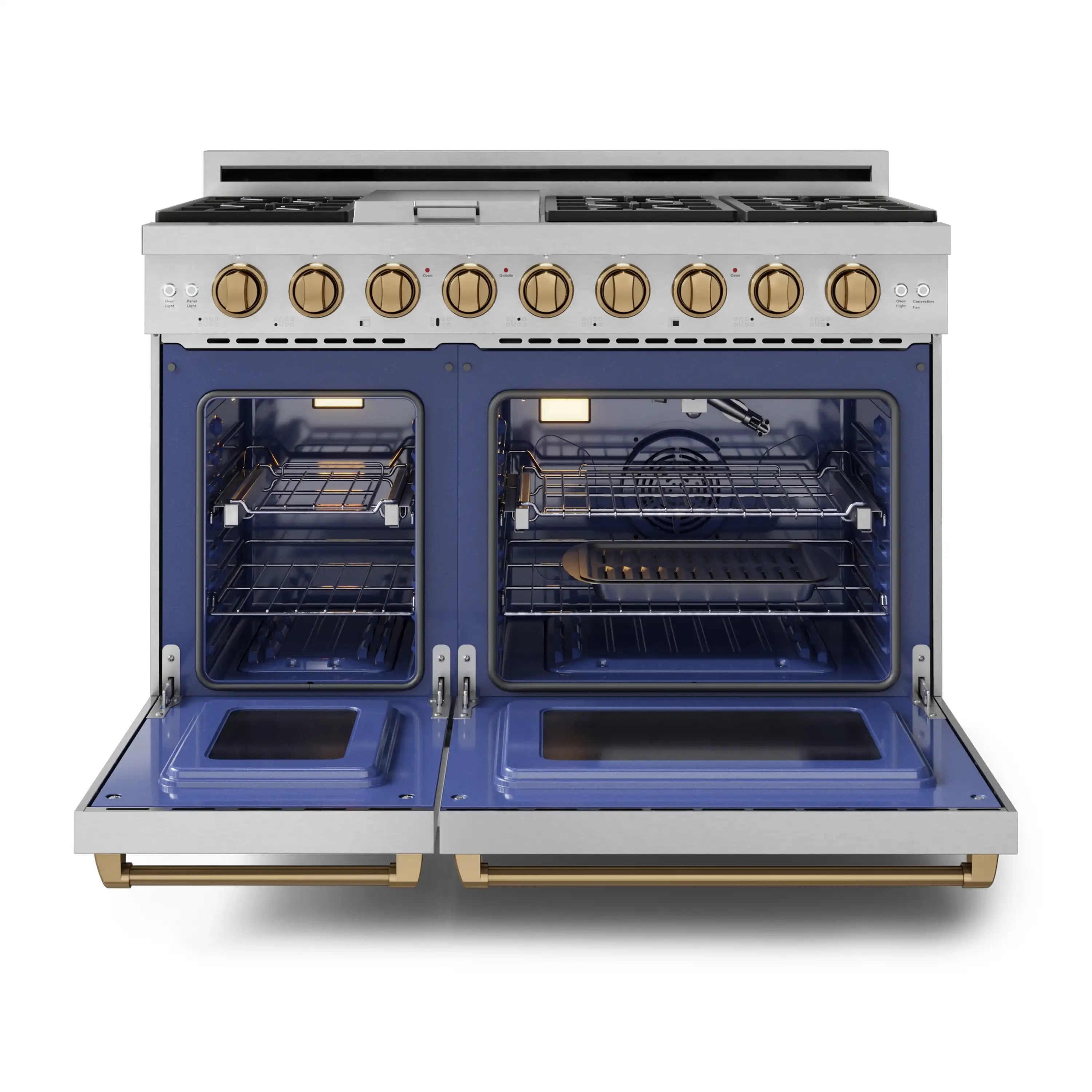 Stainless steel gas range with open dual ovens showing racks and blue interior