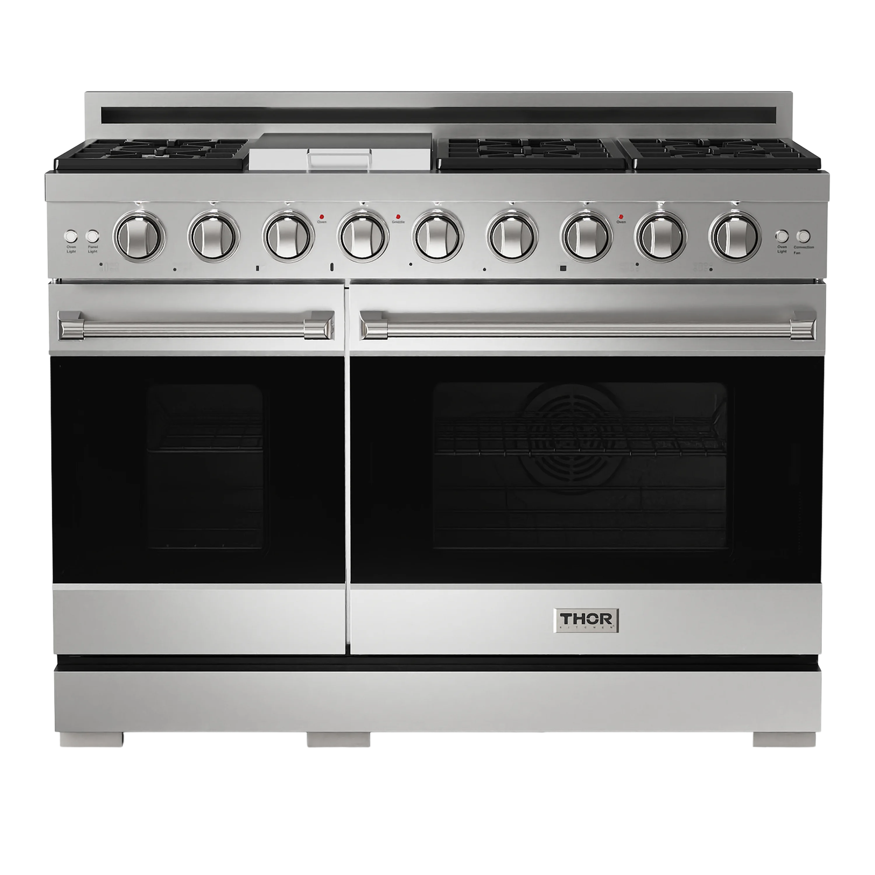 Stainless steel professional gas range with dual ovens, pro-style knobs, and burners.
