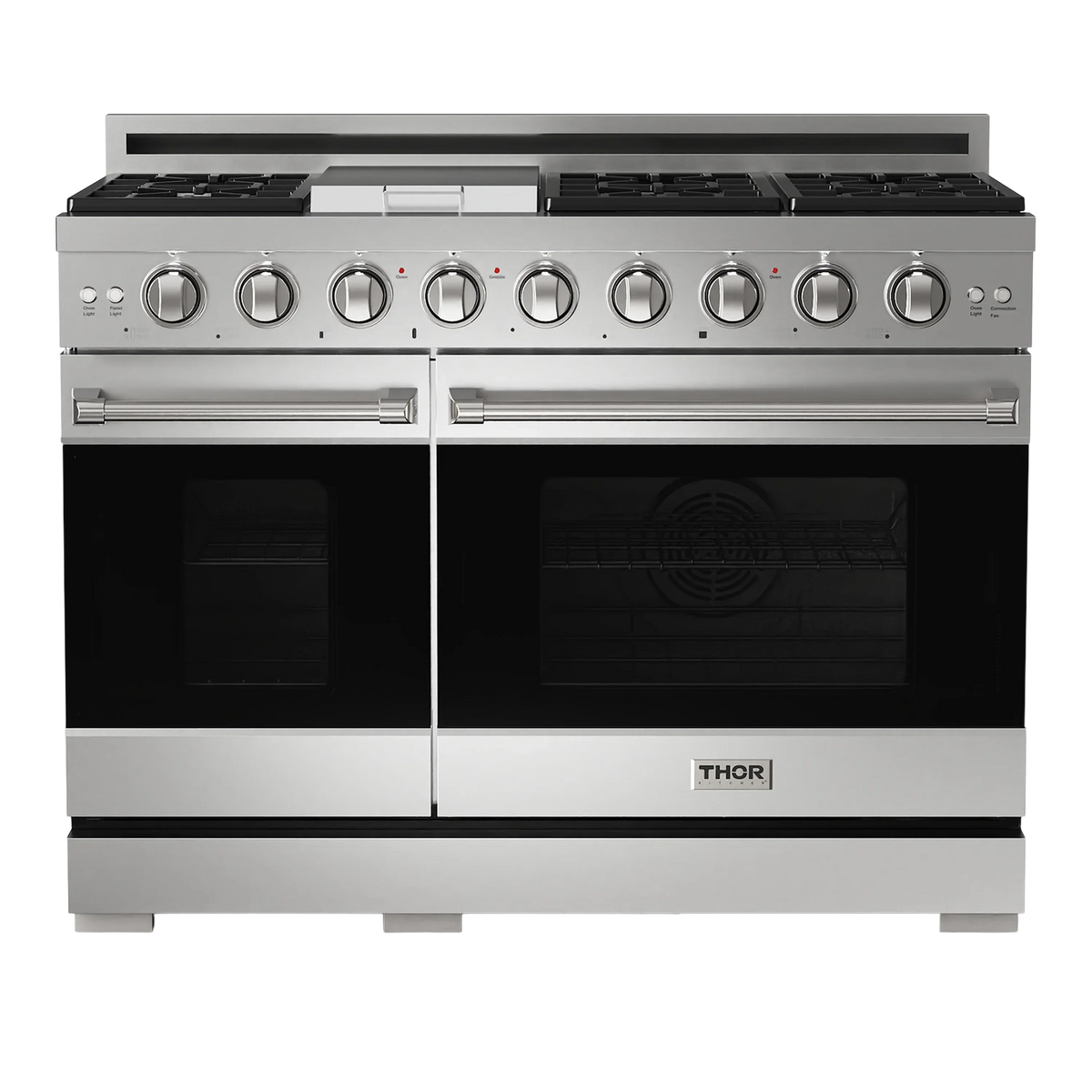 Stainless steel double-oven propane gas range with burner knobs and two oven doors