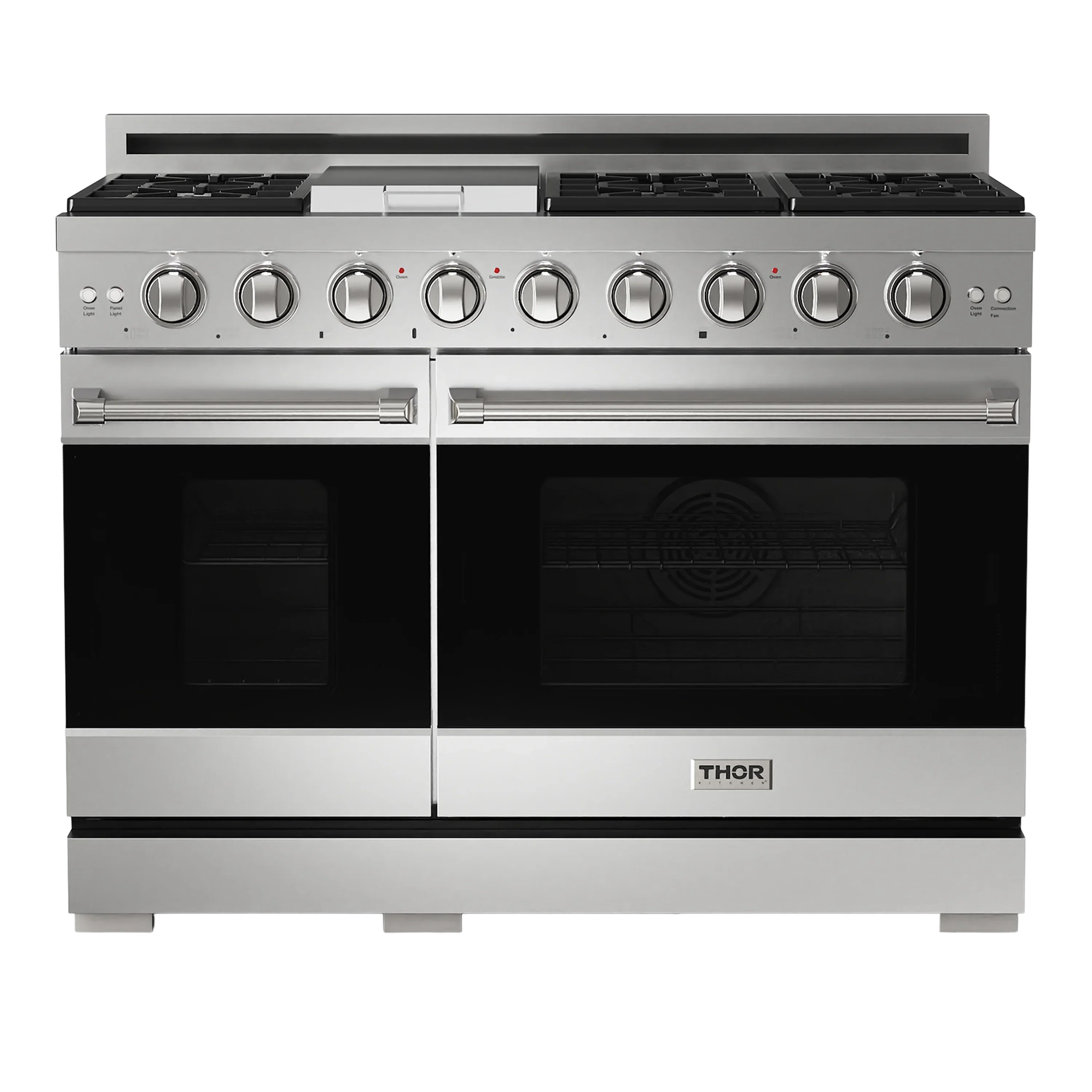Stainless natural gas range with six burner grates and two oven doors