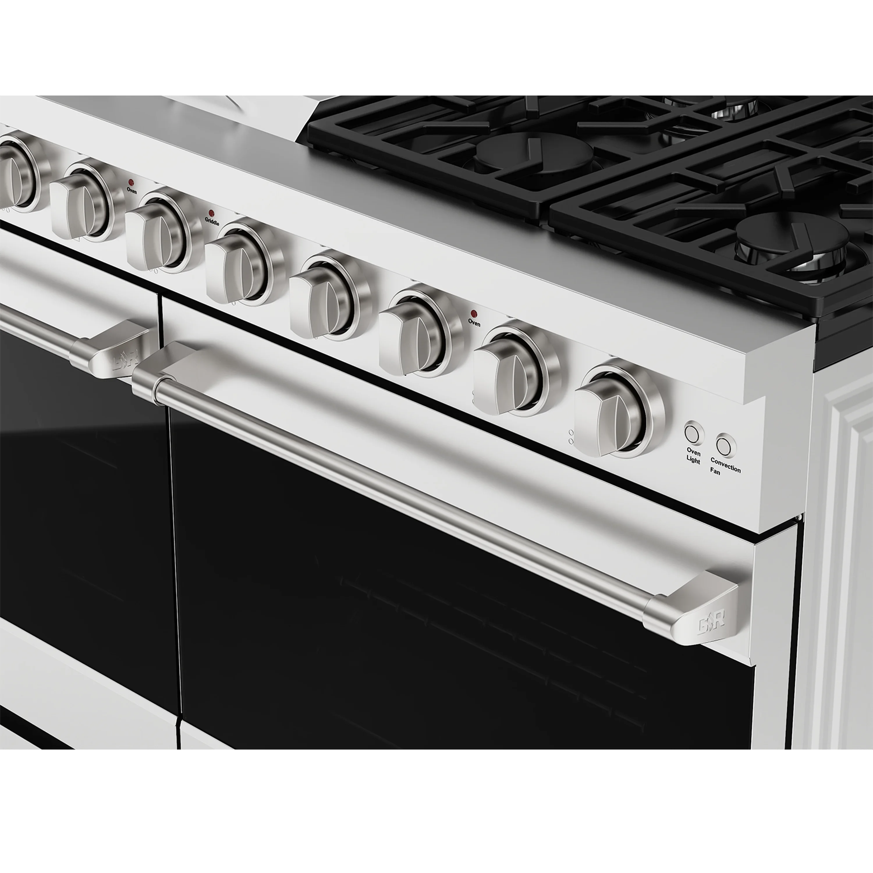 Stainless steel gas range control panel with pro-style knobs and cooktop burner grates.