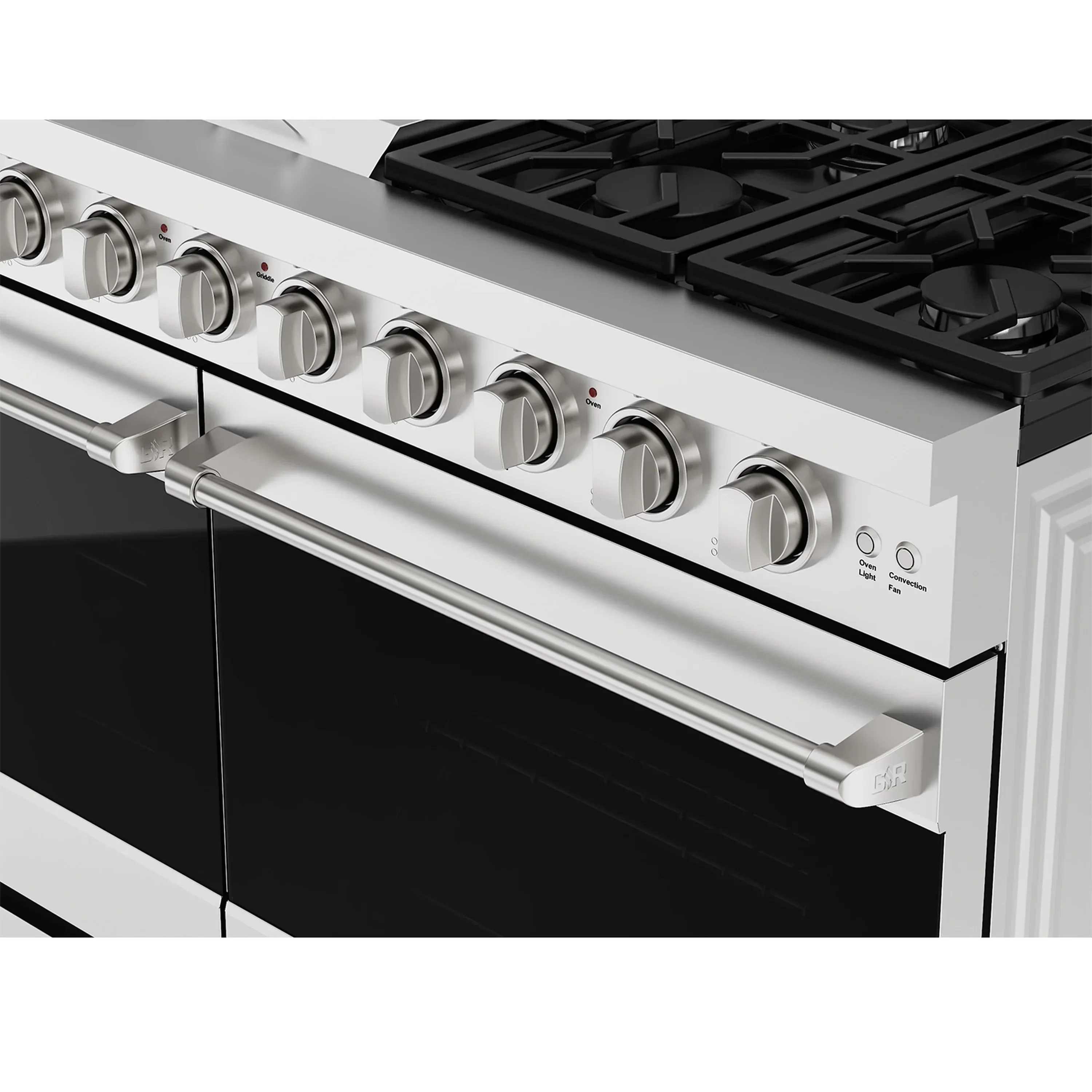 Stainless range side view with front control knobs and cooktop grates