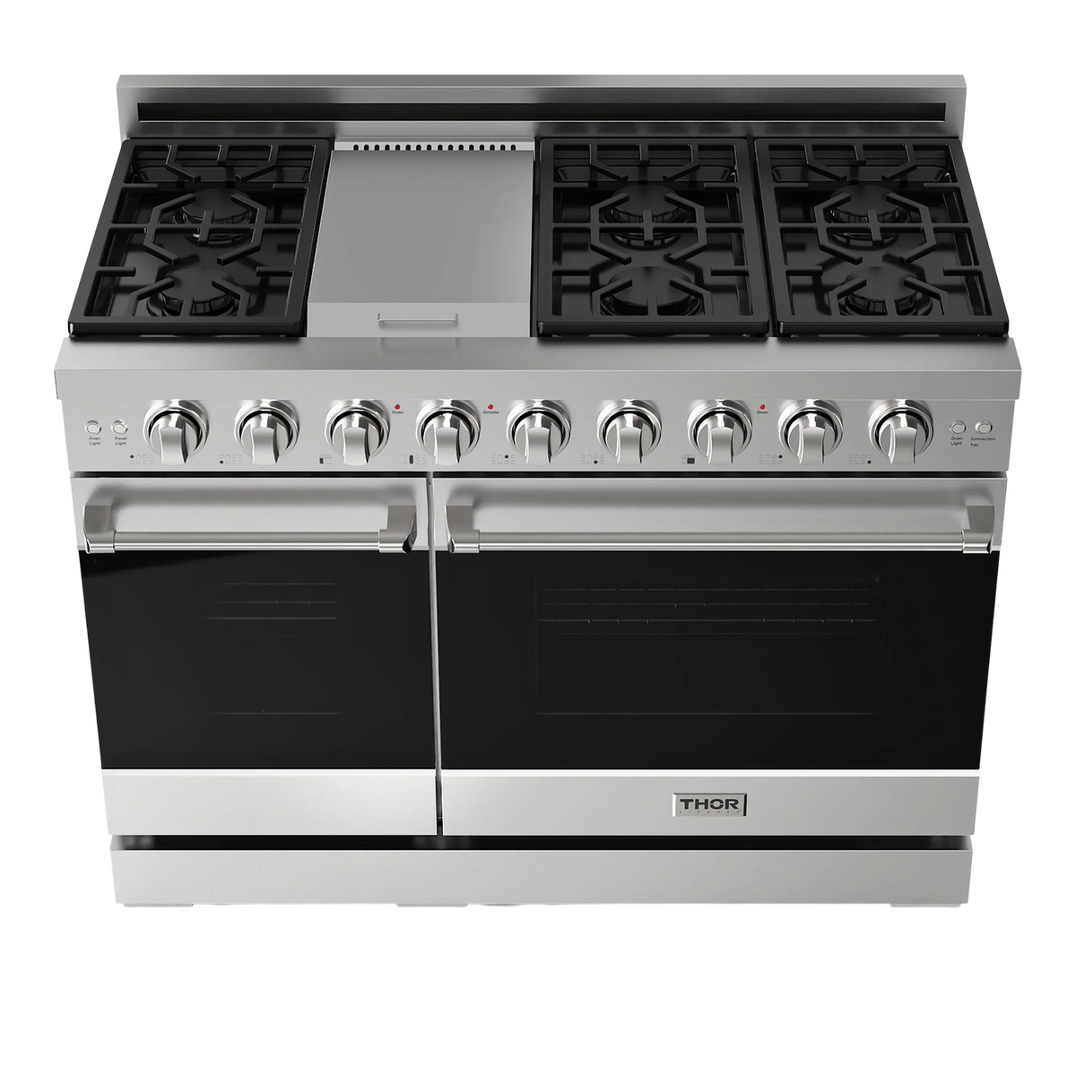 Stainless steel gas range cooktop with multiple burner grates and front control knobs