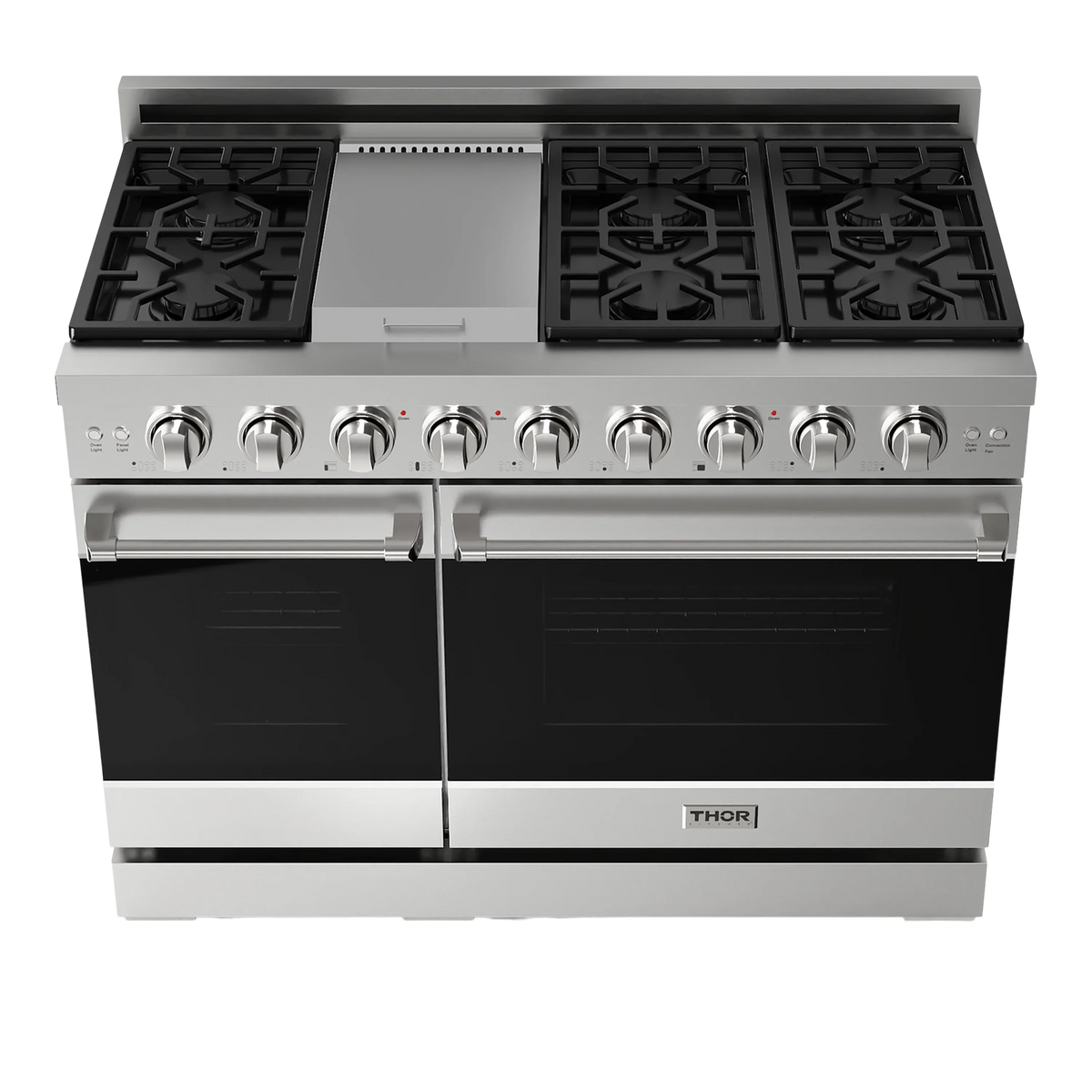 Stainless steel gas cooktop with four burner grates and dual oven doors