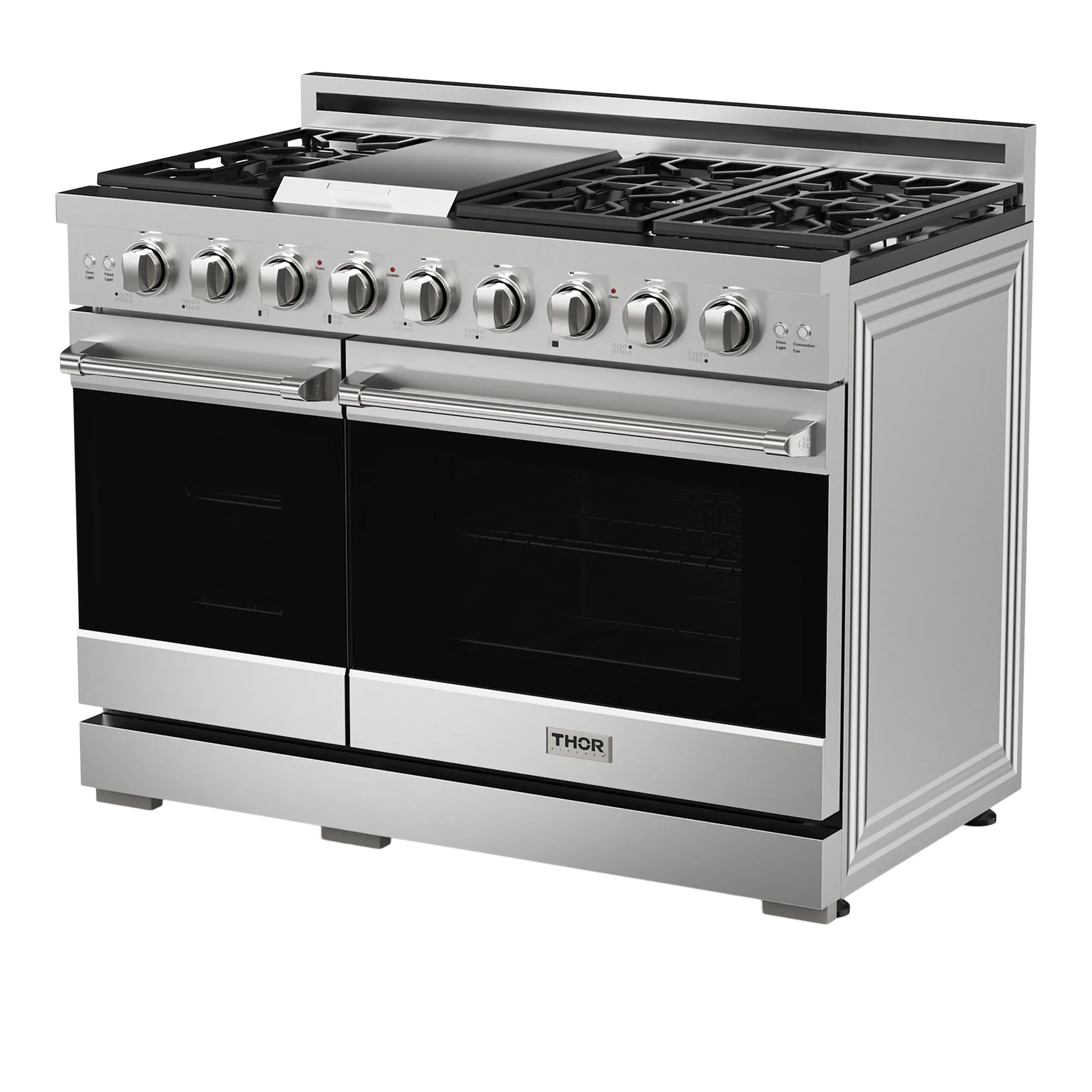 Stainless steel professional gas range with pro-style knobs, dual ovens, and cooktop.