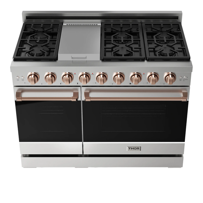 Thor Kitchen Gordon Ramsay 3-Piece Appliance Package - 48-Inch Gas Range with Double Oven, 36-Inch Refrigerator, and Dishwasher in Stainless Steel with Rose Gold Trim