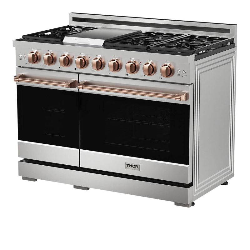 Thor Kitchen Gordon Ramsay 3-Piece Appliance Package - 48-Inch Gas Range with Double Oven, 36-Inch Refrigerator, and Dishwasher in Stainless Steel with Rose Gold Trim