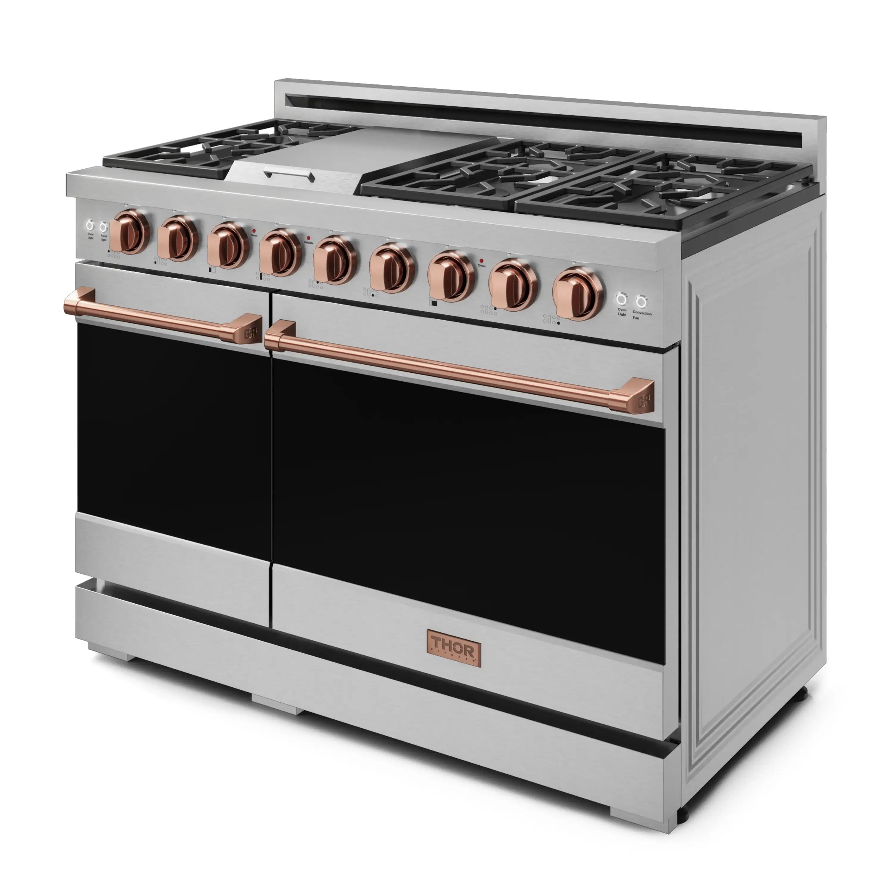 Stainless steel gas range with open oven doors and rose-gold control accents