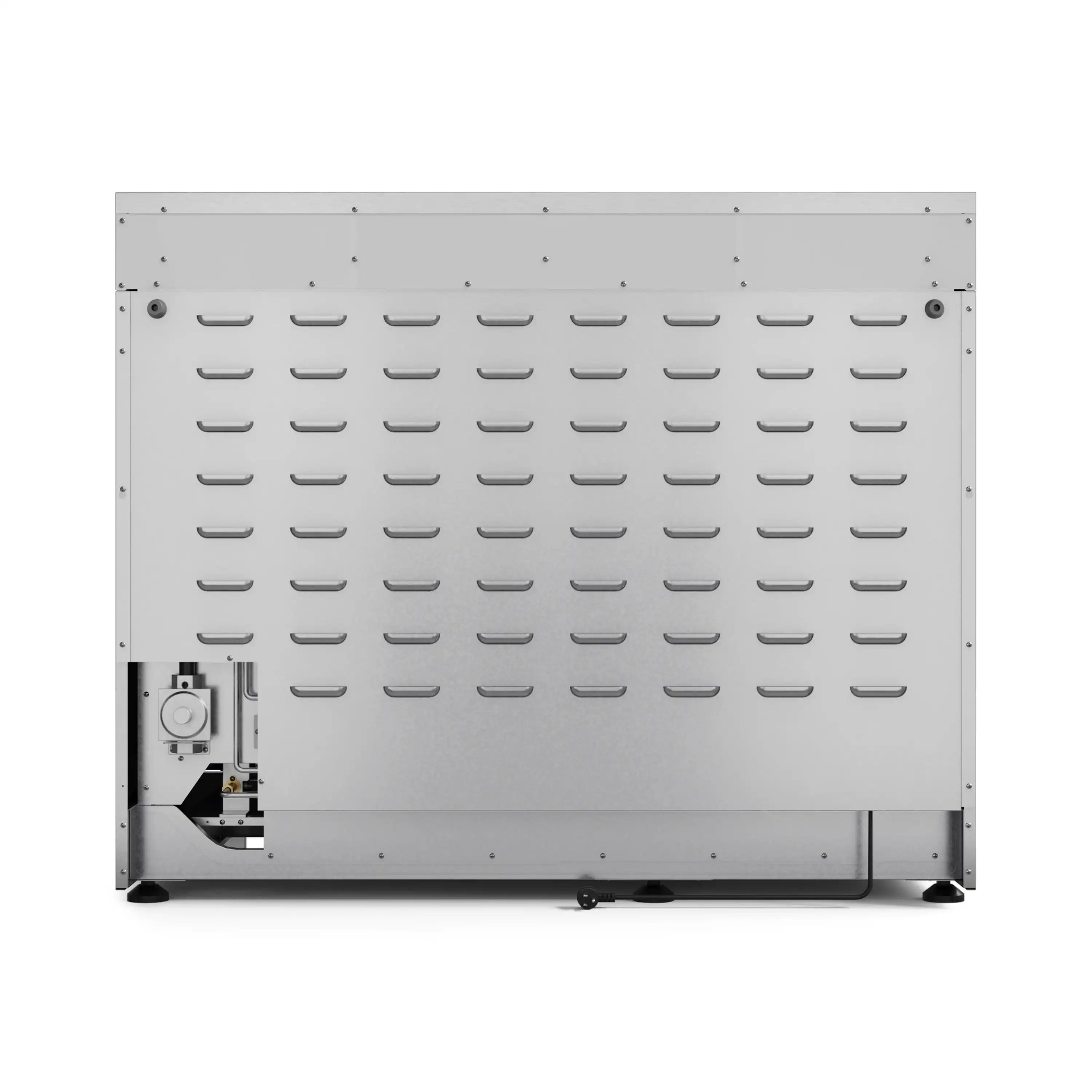 Back panel of stainless steel double oven gas range with vented access cover