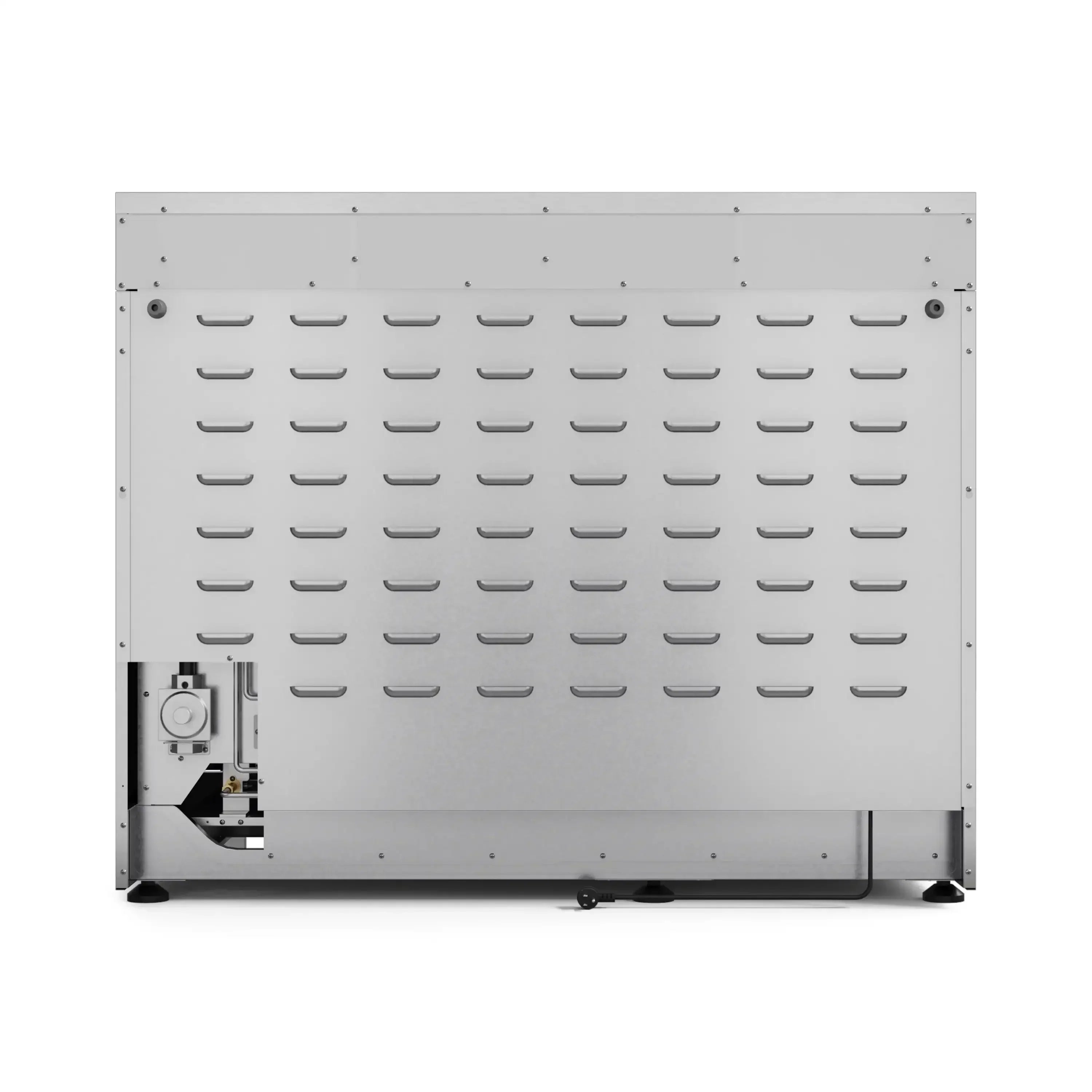 Stainless range rear panel with ventilation slots and control components