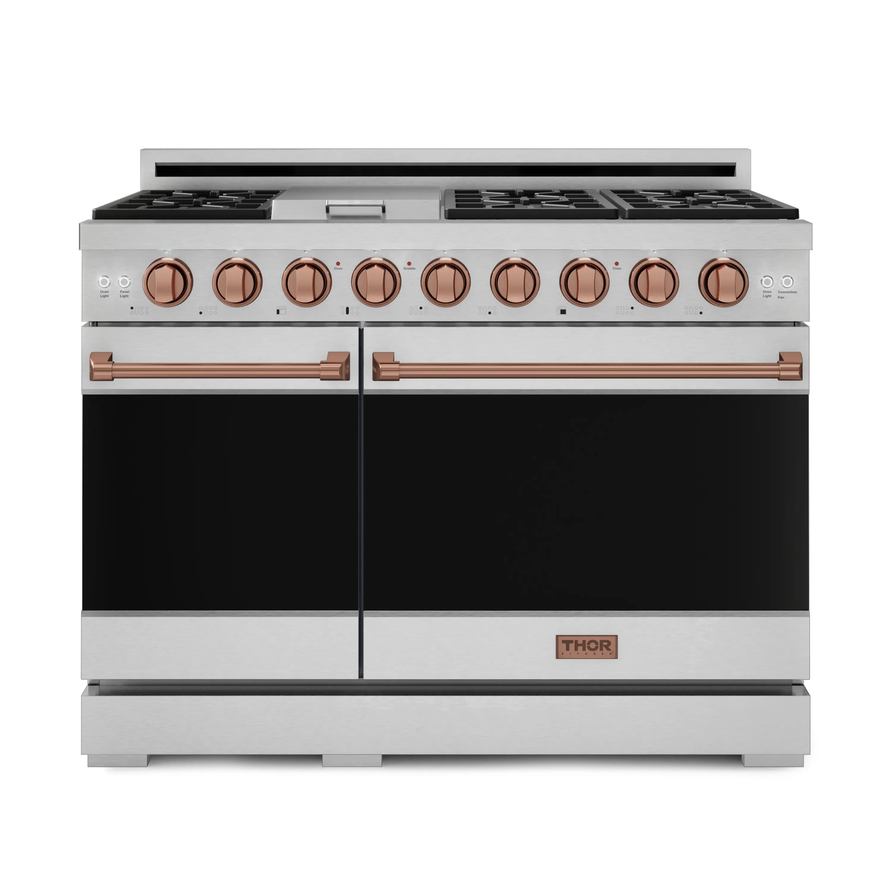 Stainless steel gas range with rose gold knobs, dual oven doors, and twin oven windows