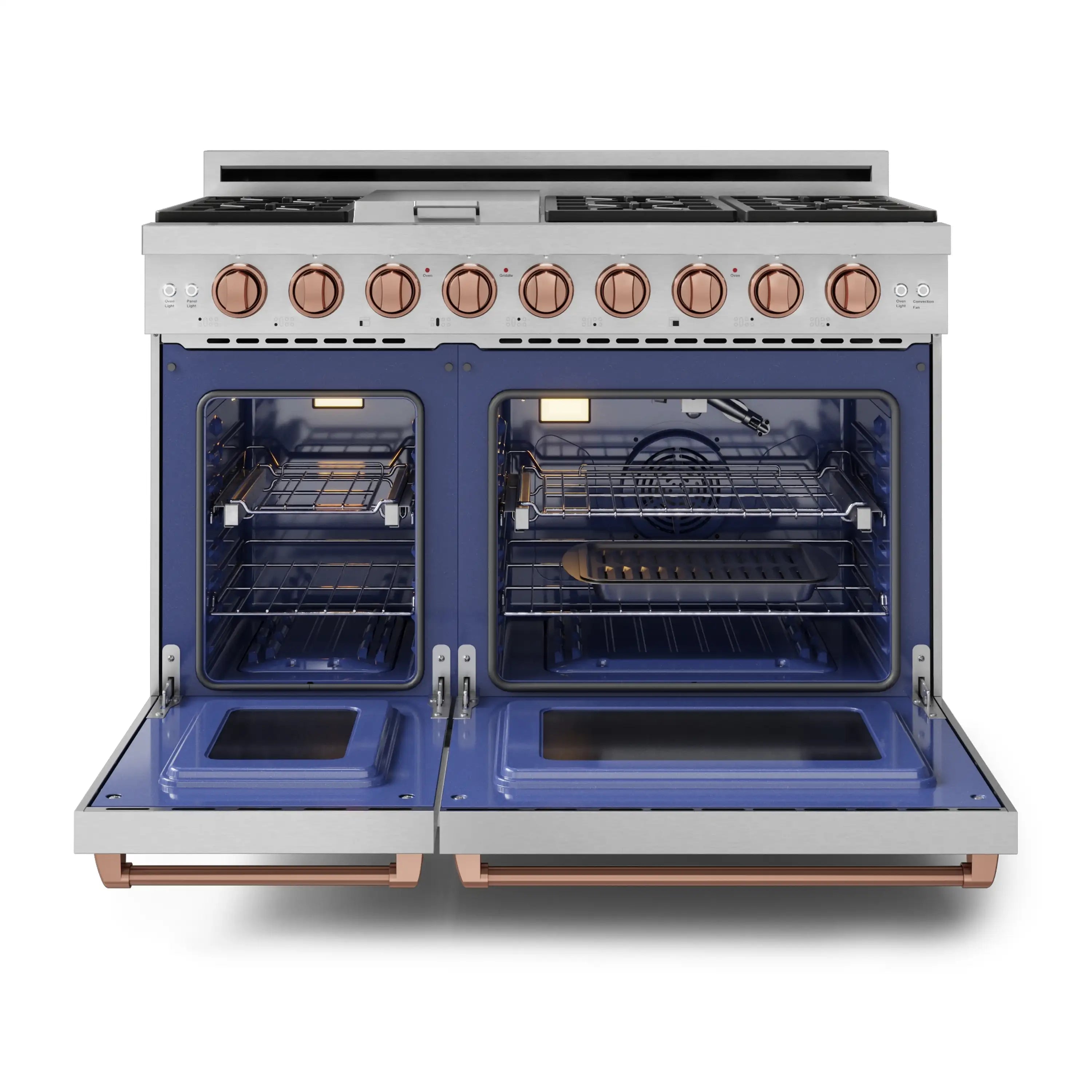 Stainless steel gas range with two open ovens and rose-gold control knobs