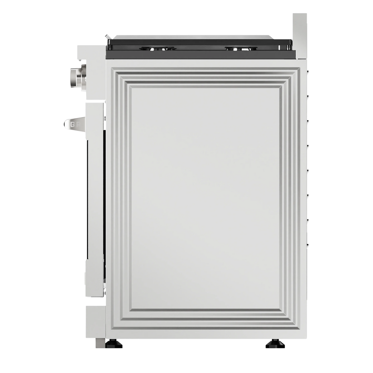 Stainless steel gas double-oven range, rear panel with frame and connection ports.