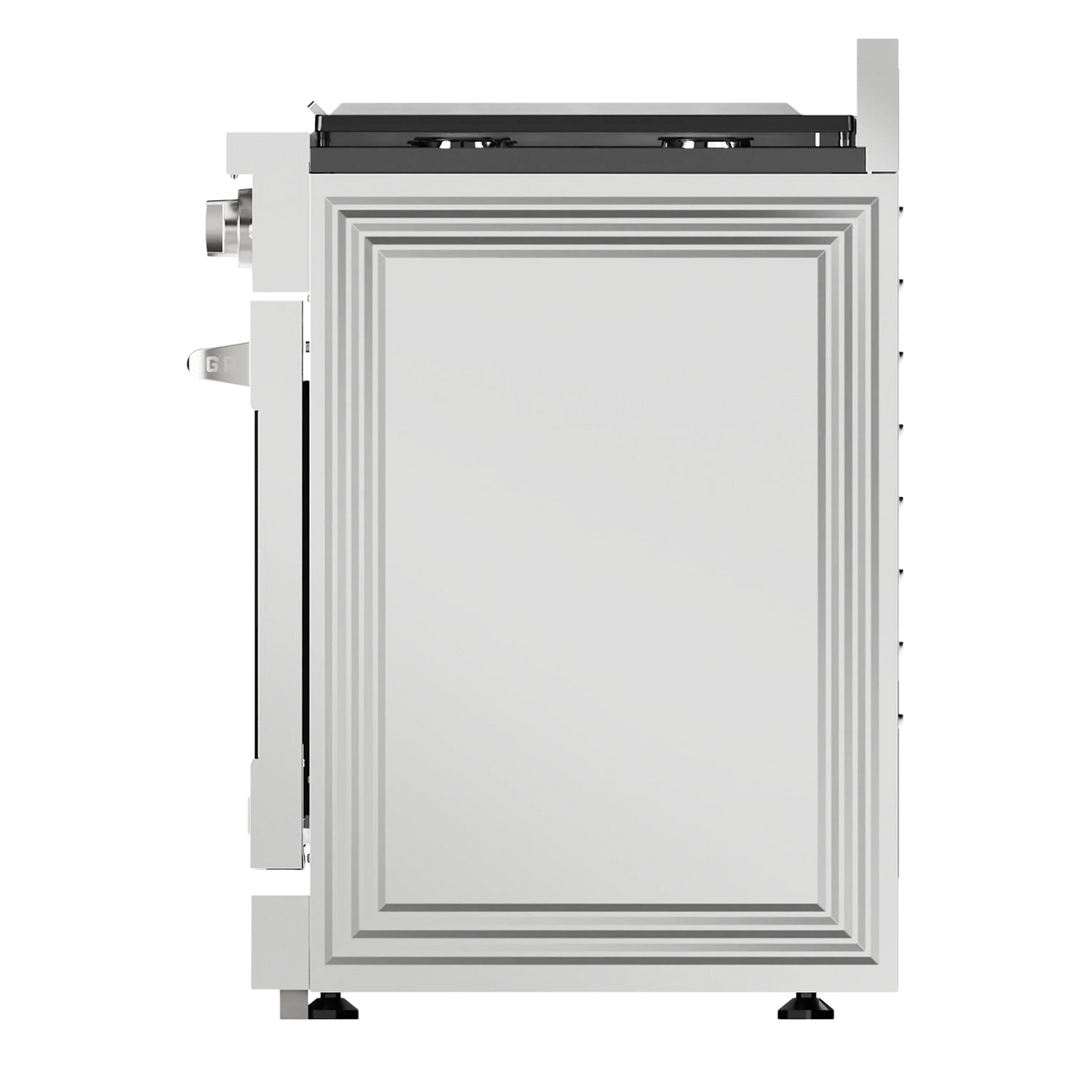 Stainless steel range side panel with recessed access opening