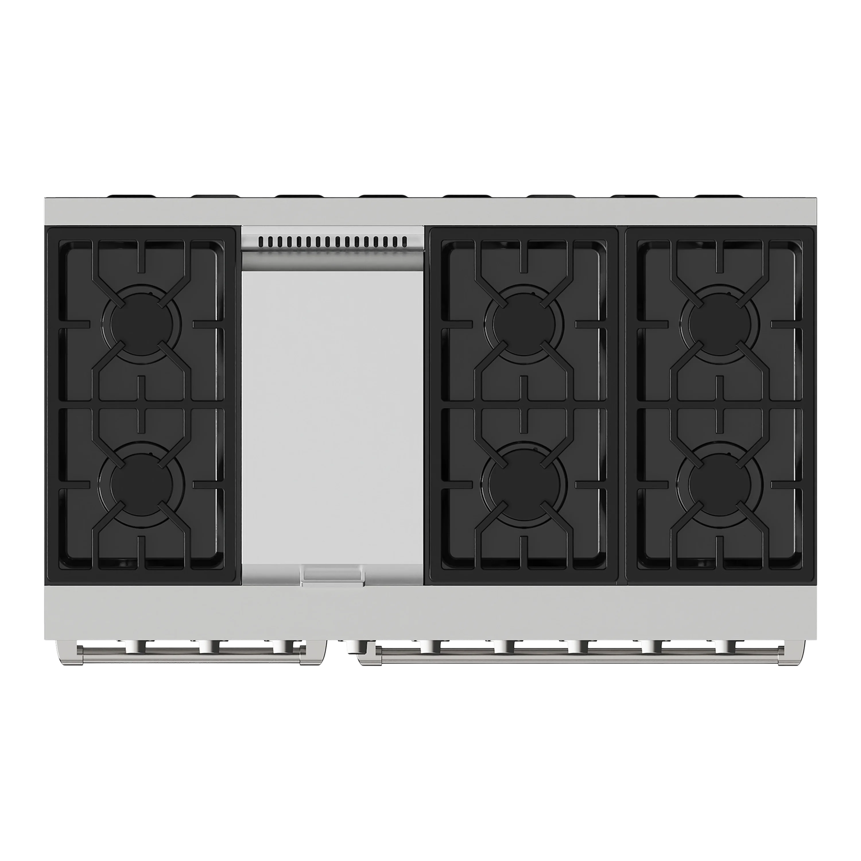 Stainless steel gas range cooktop with four burner grates and center burner panel.
