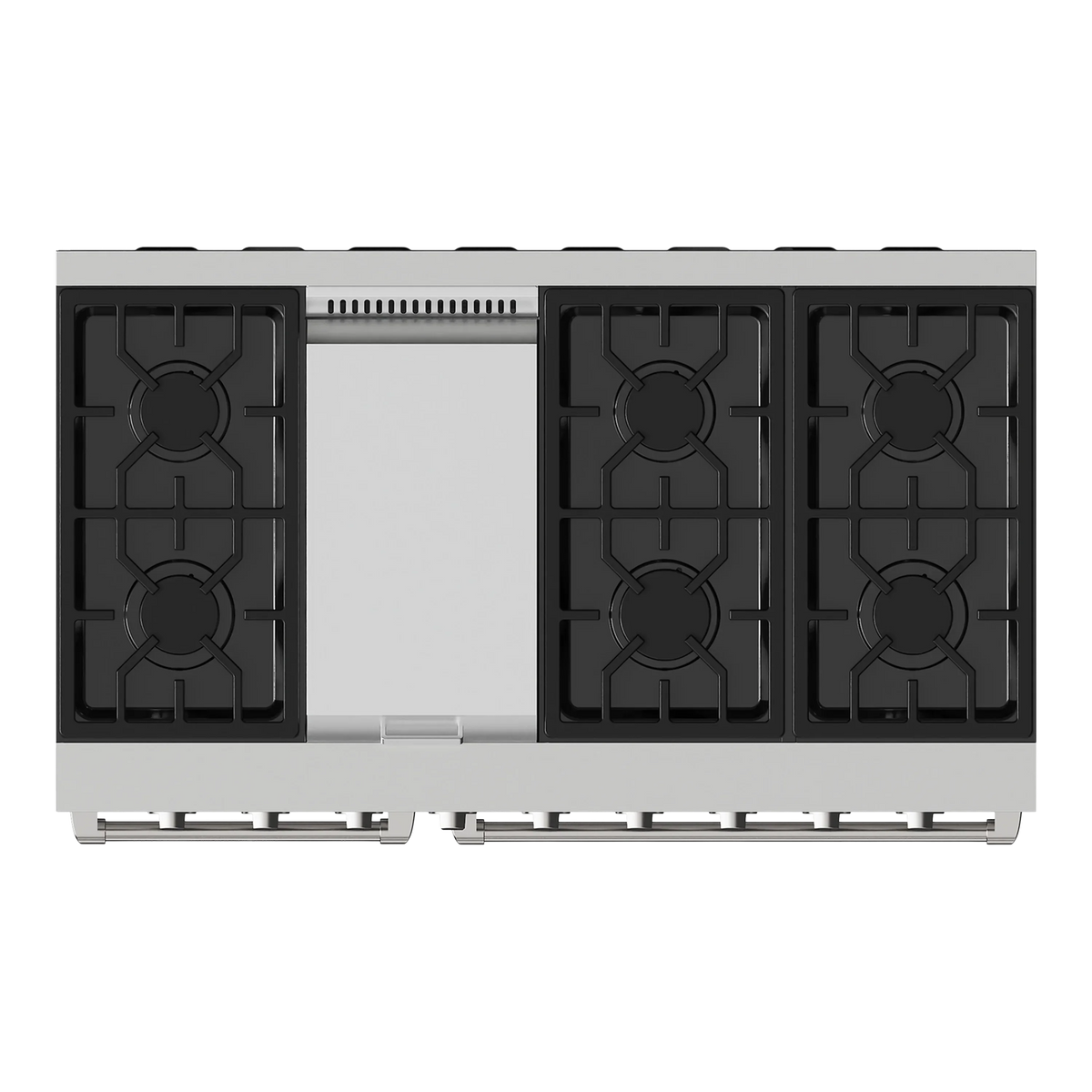 Stainless steel gas range cooktop with four cast grates and central burner opening