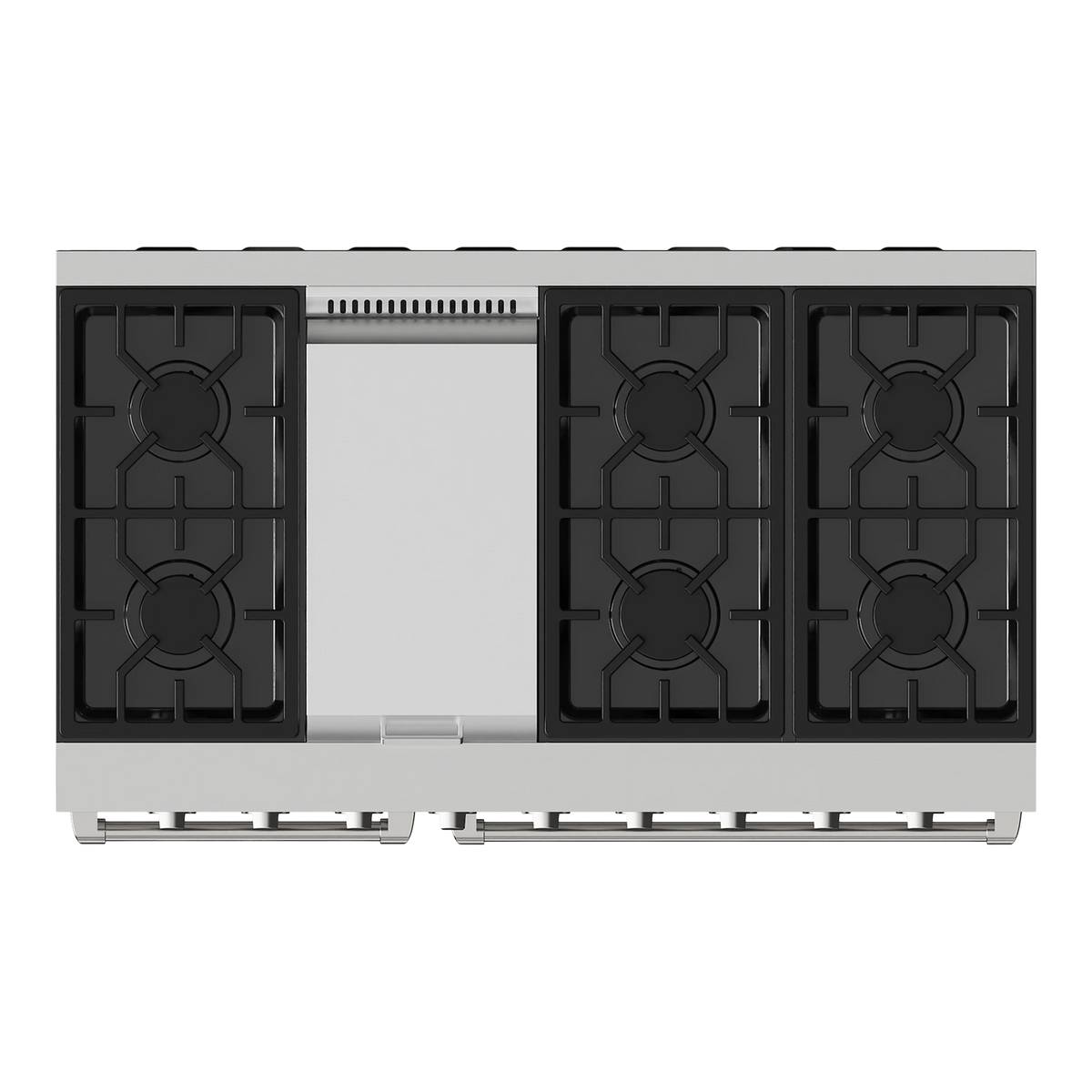 Stainless steel gas cooktop with four burner sections and griddle-style center panel