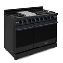 Gordon Ramsay by Thor Kitchen 4-Piece Appliance Package -  48-Inch Natural Gas Range, Wall Mount Range Hood, 36-Inch French Door Refrigerator, and Dishwasher in Black with Blue Trim