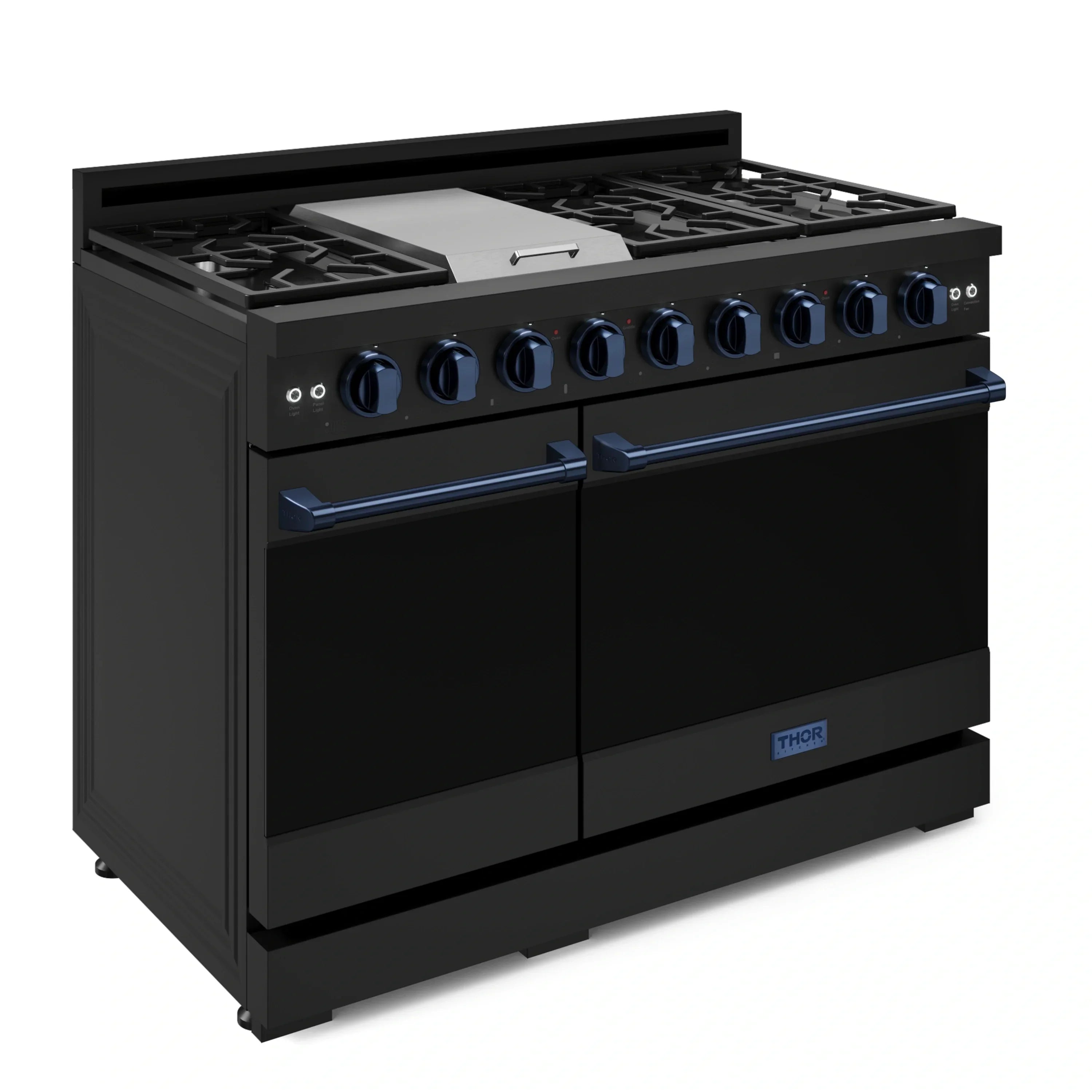 Black propane gas range with blue bar handles, closed doors, and top burner grates