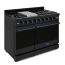 Gordon Ramsay by Thor Kitchen 4-Piece Appliance Package -  48-Inch Propane Gas Range, Wall Mount Range Hood, 36-Inch French Door Refrigerator, and Dishwasher in Black with Blue Trim