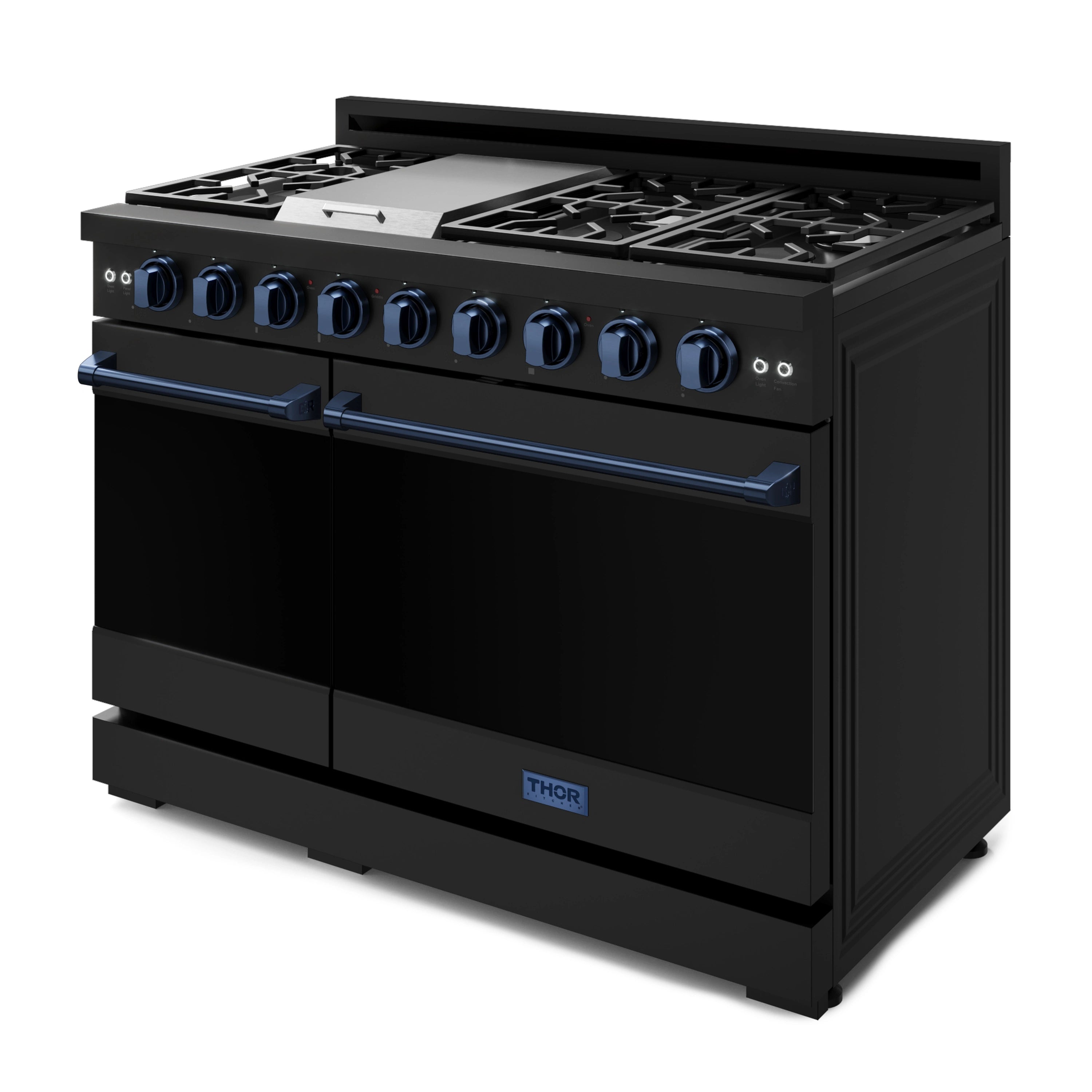 Black gas range with blue control knobs and grates; open top burners