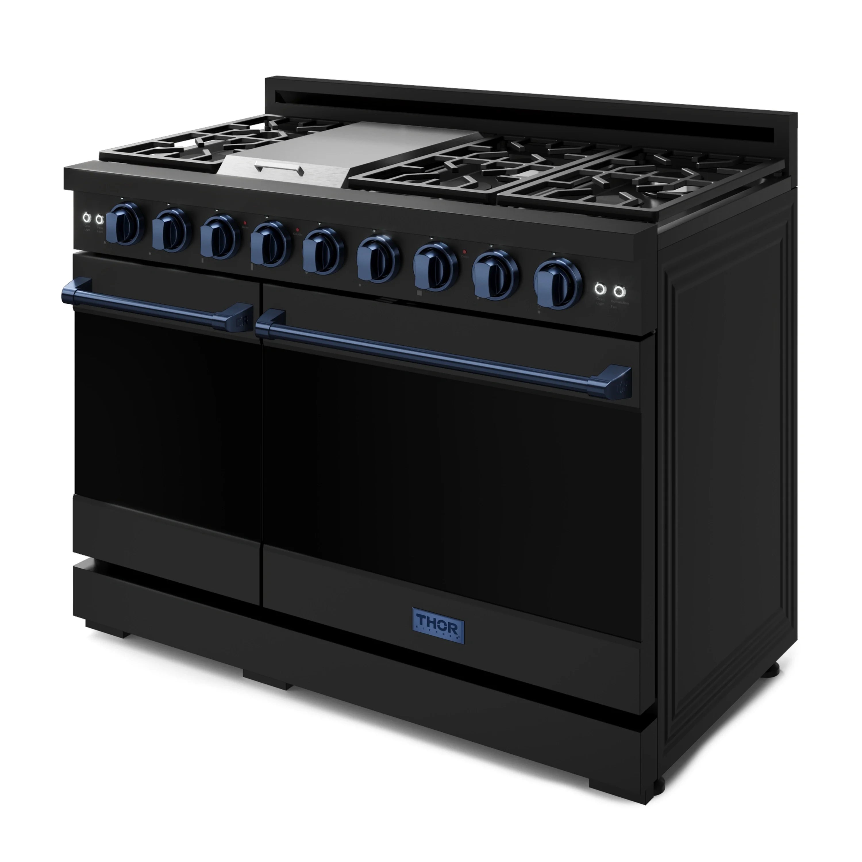 Black gas range with blue control bar and knobs, side view