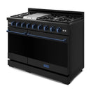 Gordon Ramsay by Thor Kitchen 4-Piece Appliance Package -  48-Inch Natural Gas Range, Wall Mount Range Hood, 36-Inch French Door Refrigerator, and Dishwasher in Black with Blue Trim