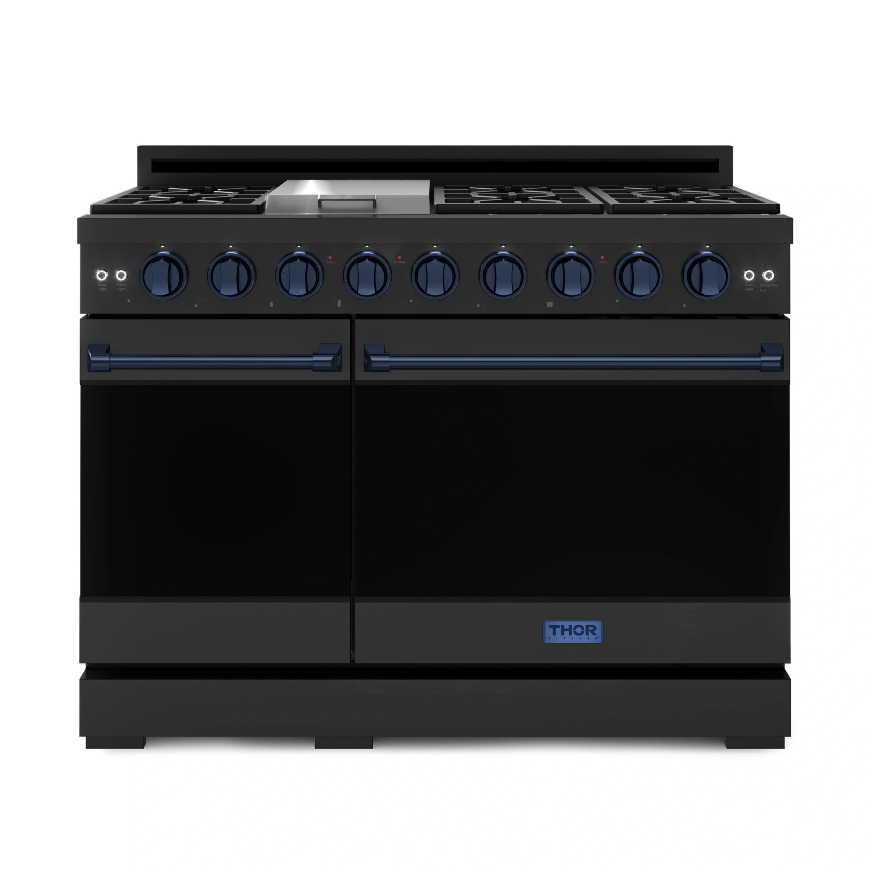 Black 48-inch gas range with pro-style knobs, double oven doors, navy accents