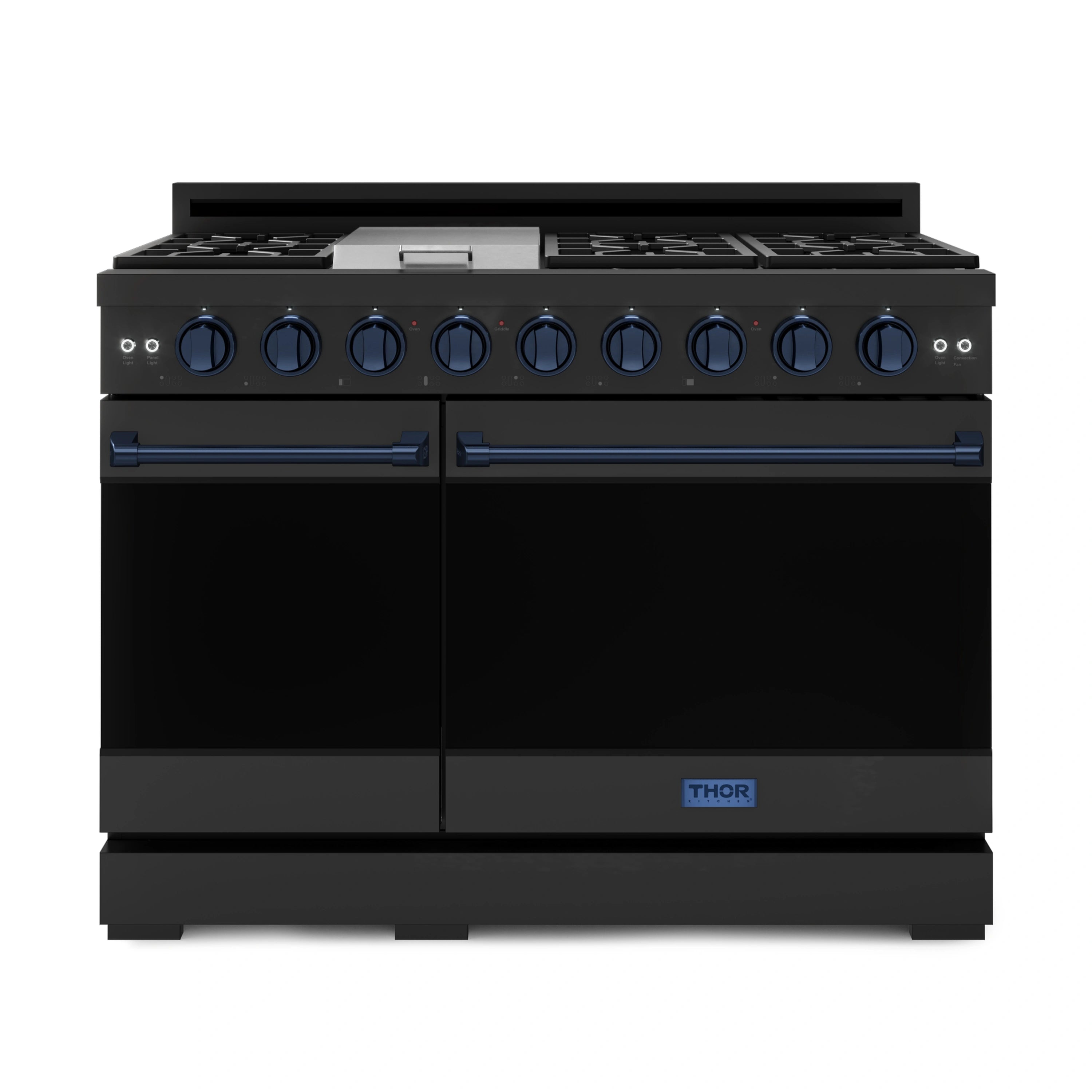 Black double oven gas range with blue knobs and dual oven doors; front view