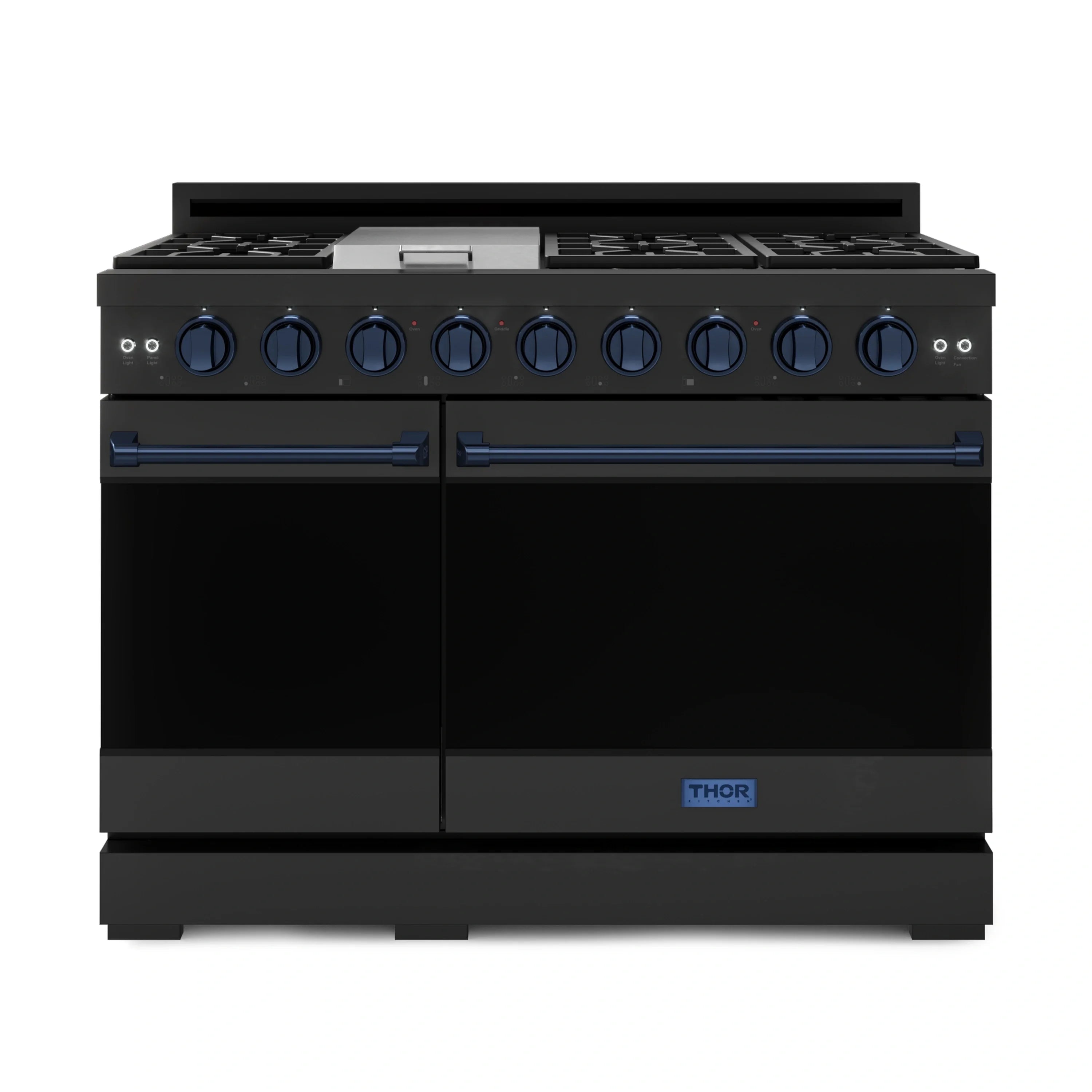 Black 4-burner gas range with blue control knobs and stainless trim, front view