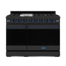 Gordon Ramsay by Thor Kitchen 4-Piece Appliance Package -  48-Inch Natural Gas Range, Wall Mount Range Hood, 36-Inch French Door Refrigerator, and Dishwasher in Black with Blue Trim
