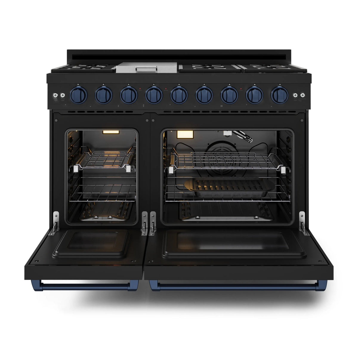 Black double-oven propane range with cooktop and both oven doors opened