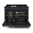 Gordon Ramsay by Thor Kitchen 4-Piece Appliance Package -  48-Inch Natural Gas Range, Wall Mount Range Hood, 36-Inch French Door Refrigerator, and Dishwasher in Black with Blue Trim
