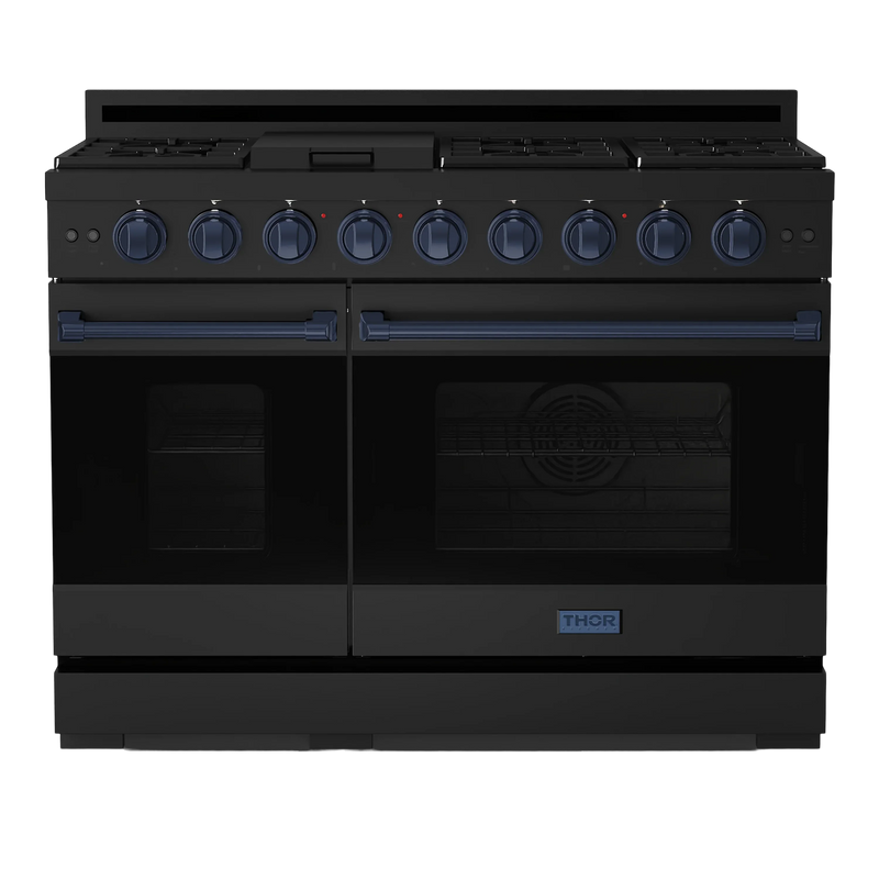 Thor Kitchen Gordon Ramsay 3-Piece Appliance Package - 48-Inch Gas Range with Double Oven, 36-Inch Refrigerator, and Dishwasher in Black with Blue Trim