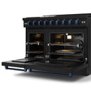 Gordon Ramsay by Thor Kitchen 4-Piece Appliance Package -  48-Inch Natural Gas Range, Wall Mount Range Hood, 36-Inch French Door Refrigerator, and Dishwasher in Black with Blue Trim