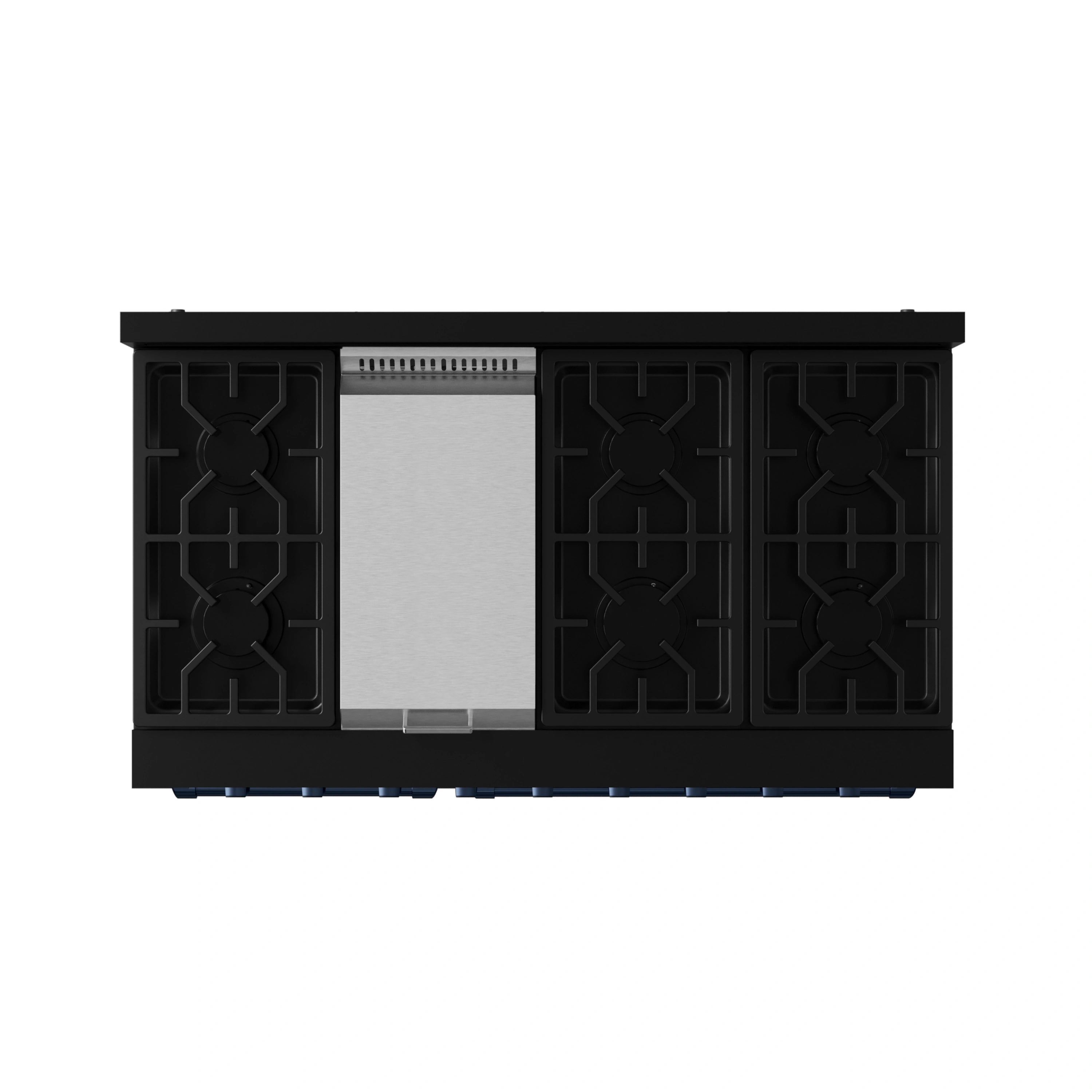 Black pro-style natural gas range with navy trim and burner grates
