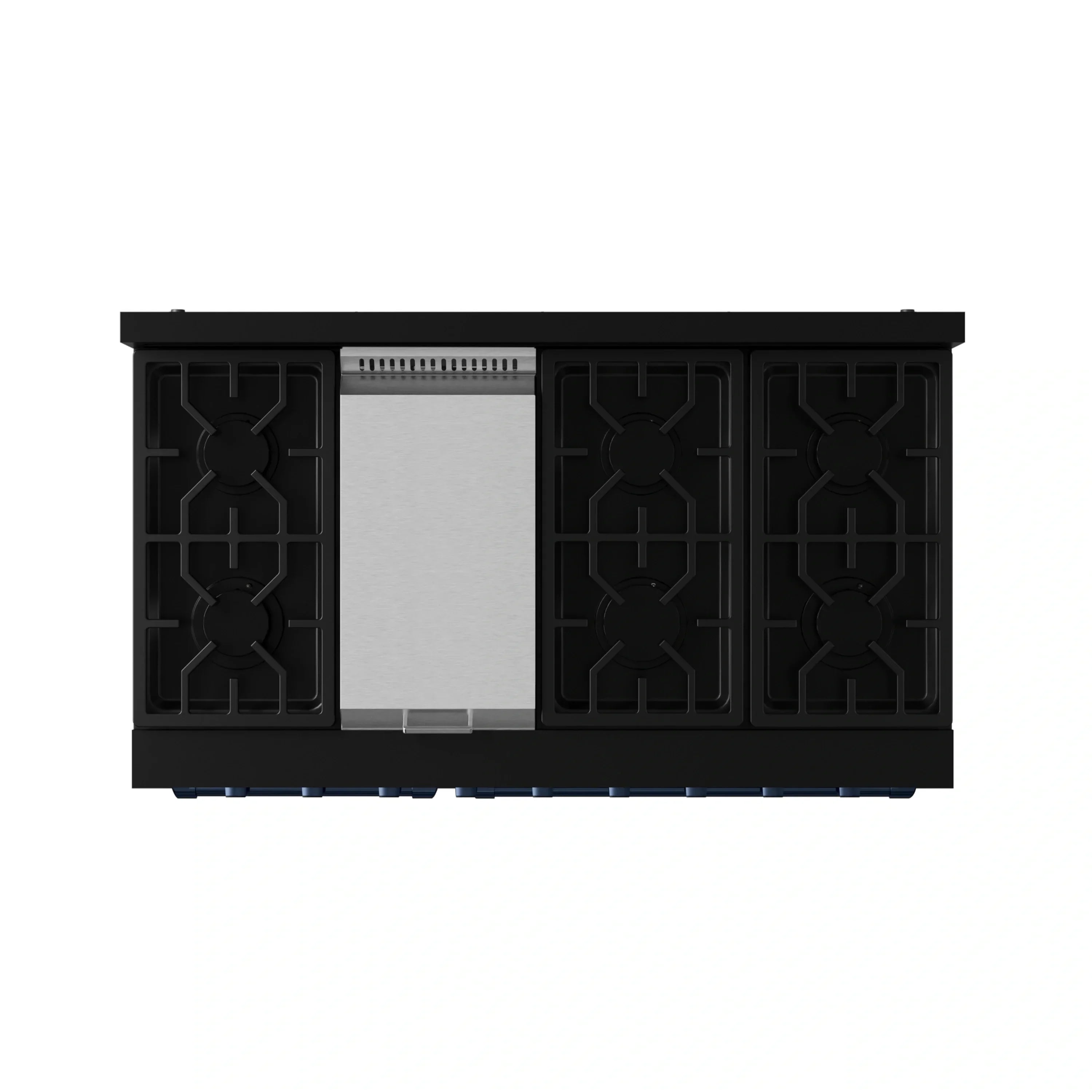 Black gas range oven doors closed with blue-trim base detail