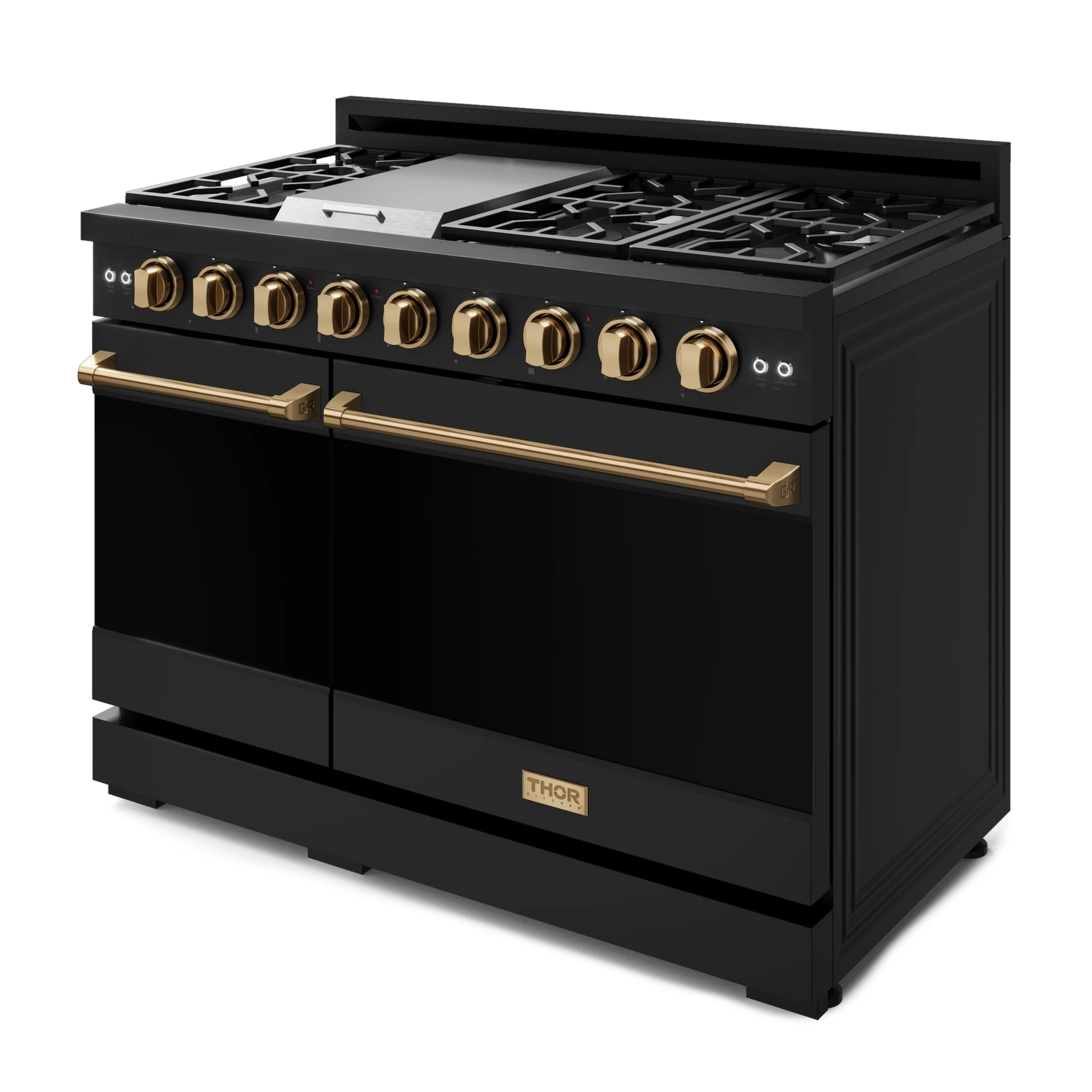 Black gas range with bronze bar handles and pro-style burners on open cooktop