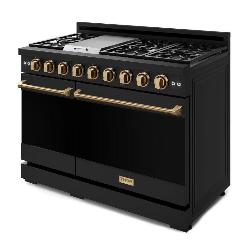 Thor Kitchen Gordon Ramsay 3-Piece Appliance Package - 48-Inch Gas Range with Double Oven, 36-Inch Refrigerator, and Dishwasher in Black with Bronze Trim