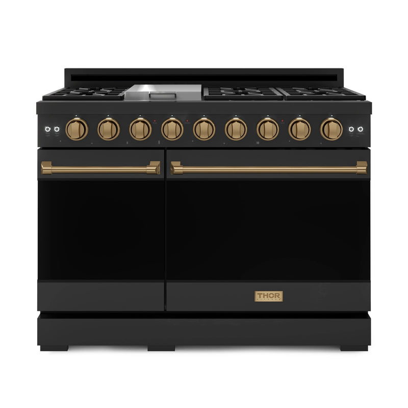 Thor Kitchen Gordon Ramsay 3-Piece Appliance Package - 48-Inch Gas Range with Double Oven, 36-Inch Refrigerator, and Dishwasher in Black with Bronze Trim