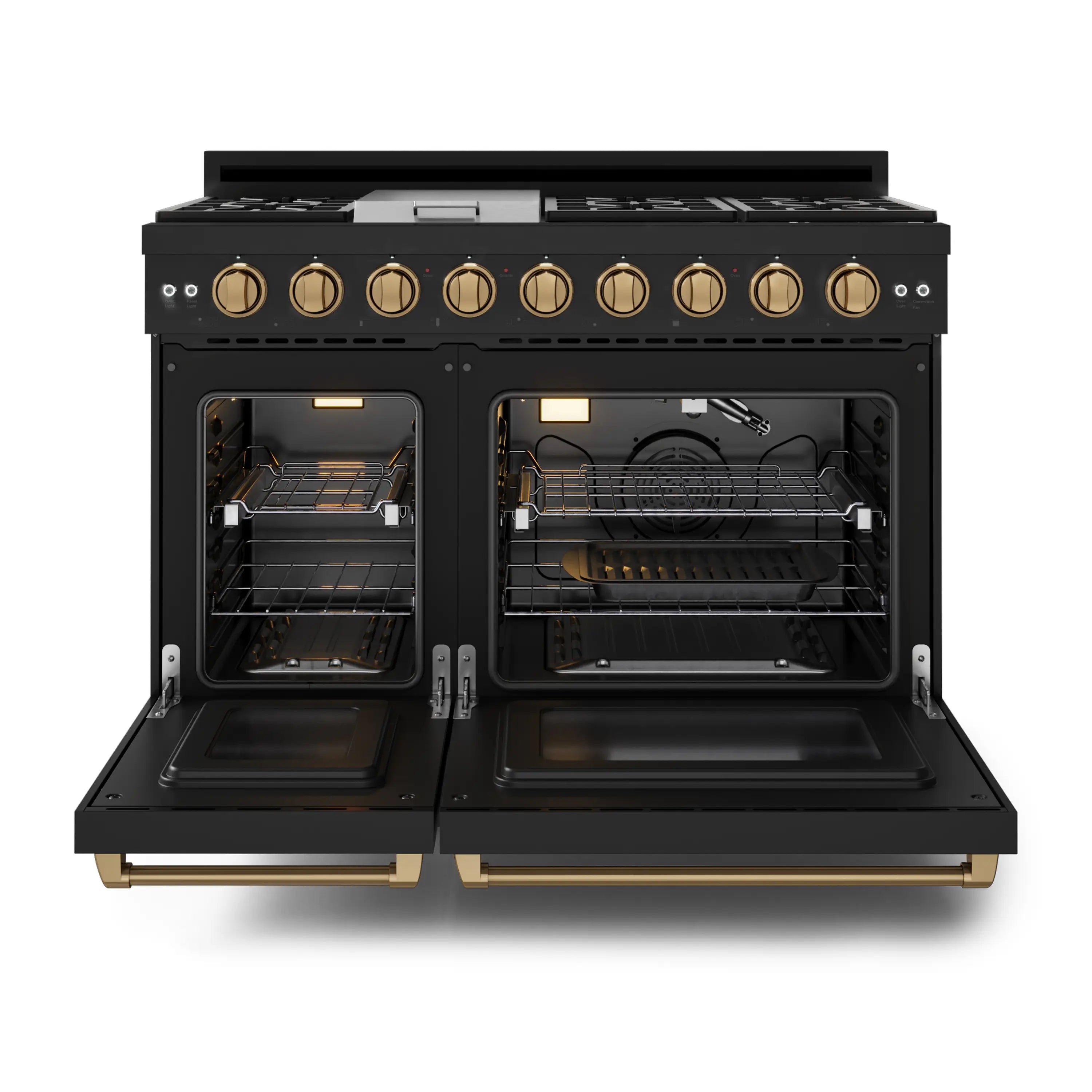 Black gas range with open double ovens showing racks and grates, bronze control knobs