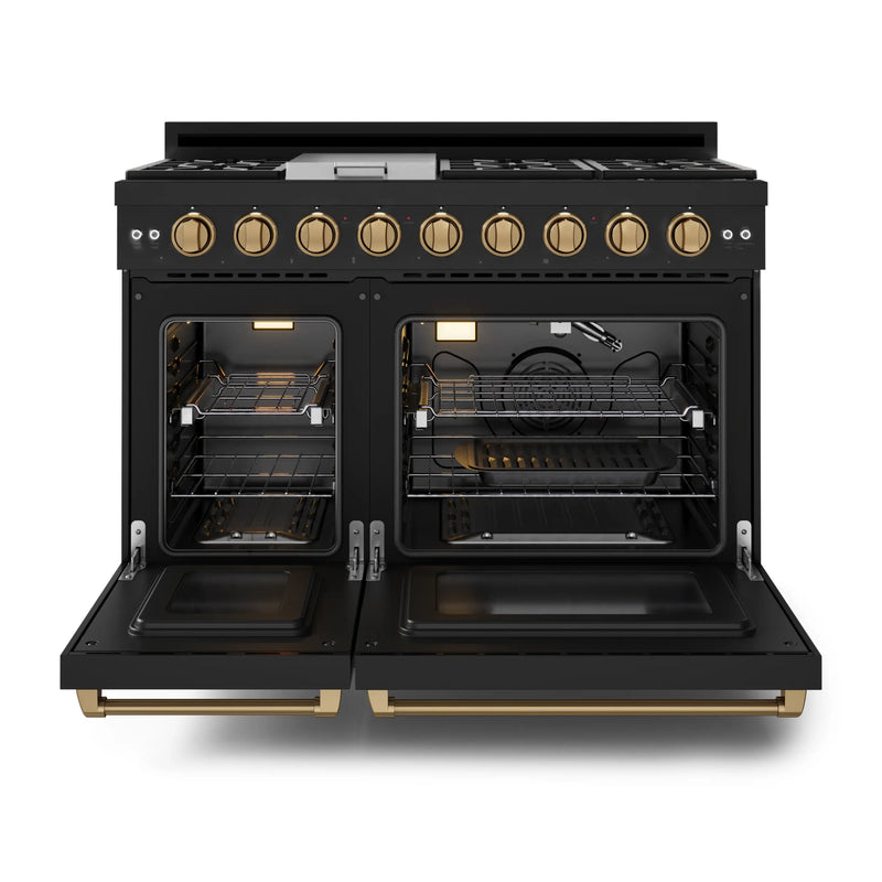 Thor Kitchen Gordon Ramsay 3-Piece Appliance Package - 48-Inch Gas Range with Double Oven, 36-Inch Refrigerator, and Dishwasher in Black with Bronze Trim