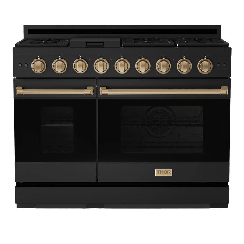 Thor Kitchen Gordon Ramsay 3-Piece Appliance Package - 48-Inch Gas Range with Double Oven, 36-Inch Refrigerator, and Dishwasher in Black with Bronze Trim