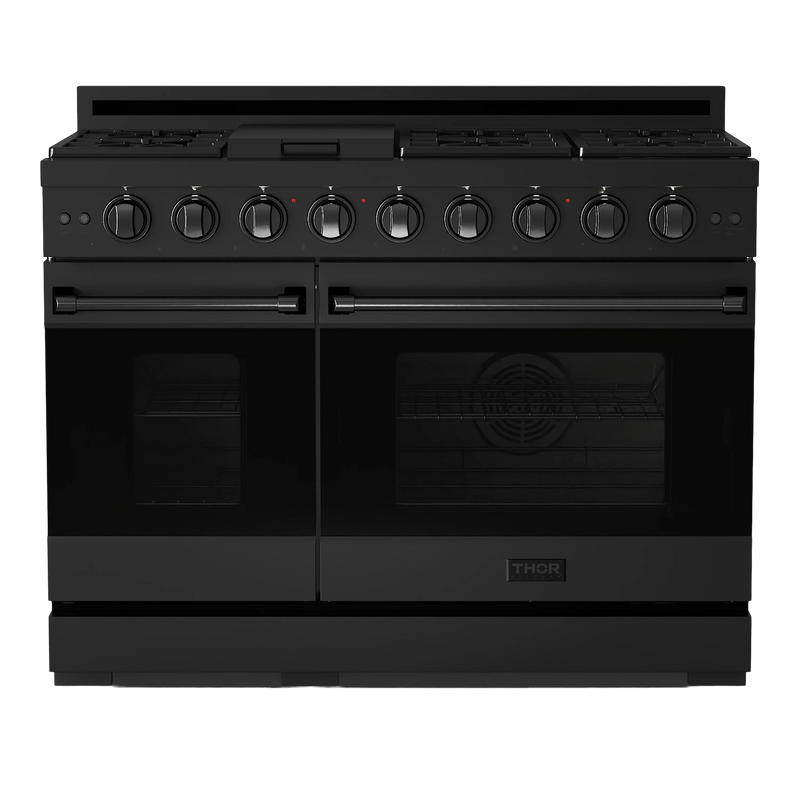 Thor Kitchen Gordon Ramsay 3-Piece Appliance Package - 48-Inch Gas Range with Double Oven, 36-Inch Refrigerator, and Dishwasher in Black