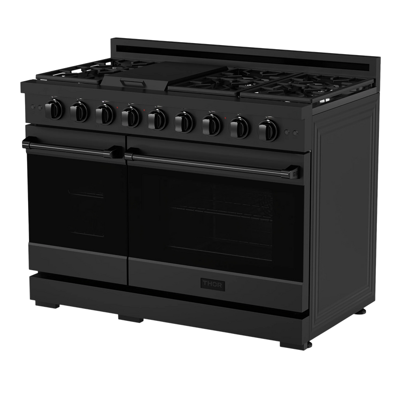 Thor Kitchen Gordon Ramsay 3-Piece Appliance Package - 48-Inch Gas Range with Double Oven, 36-Inch Refrigerator, and Dishwasher in Black