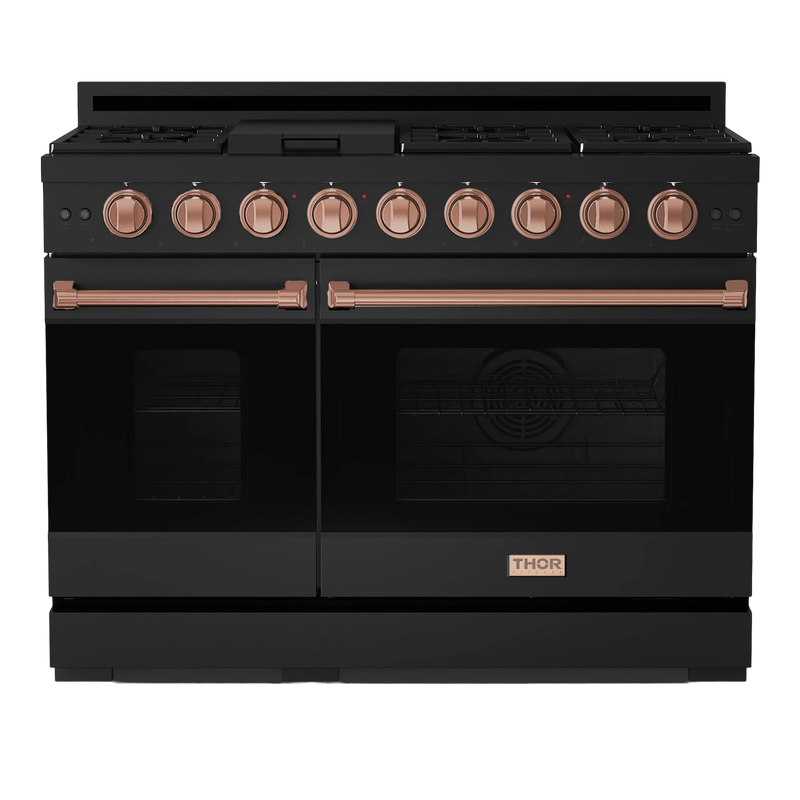 Thor Kitchen Gordon Ramsay 3-Piece Appliance Package - 48-Inch Gas Range with Double Oven, 36-Inch Refrigerator, and Dishwasher in Black with Rose Gold Trim