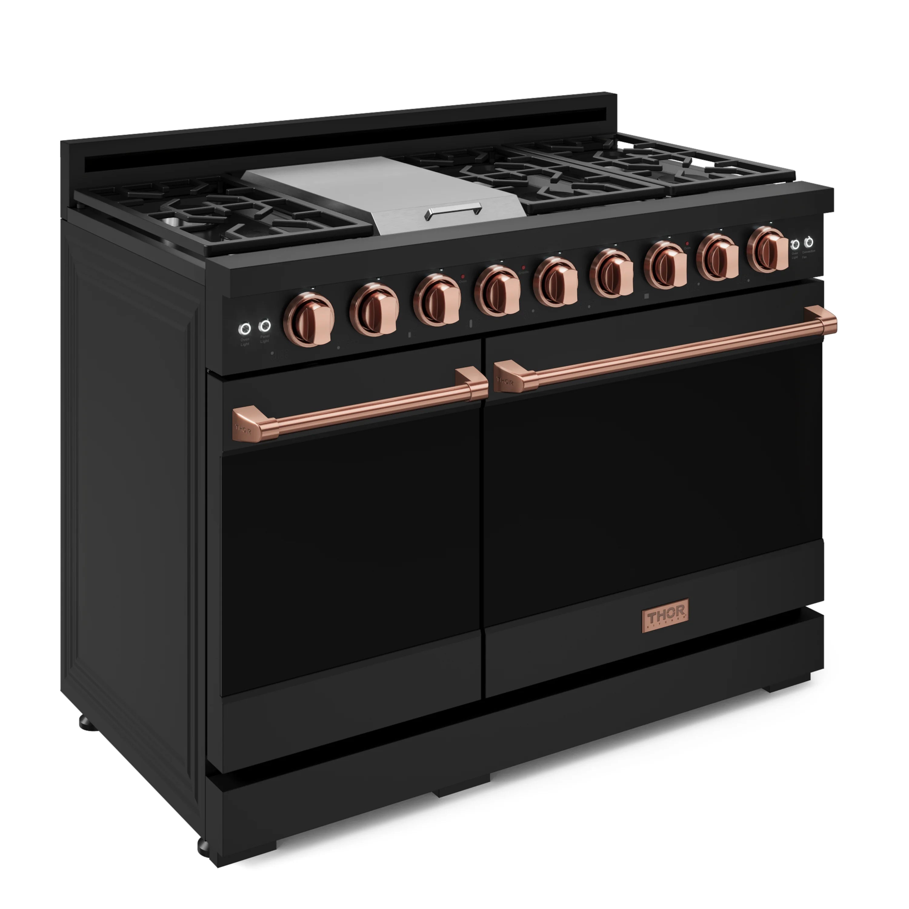 Black gas range with rose-gold knobs, wide pull handles, and dual oven doors
