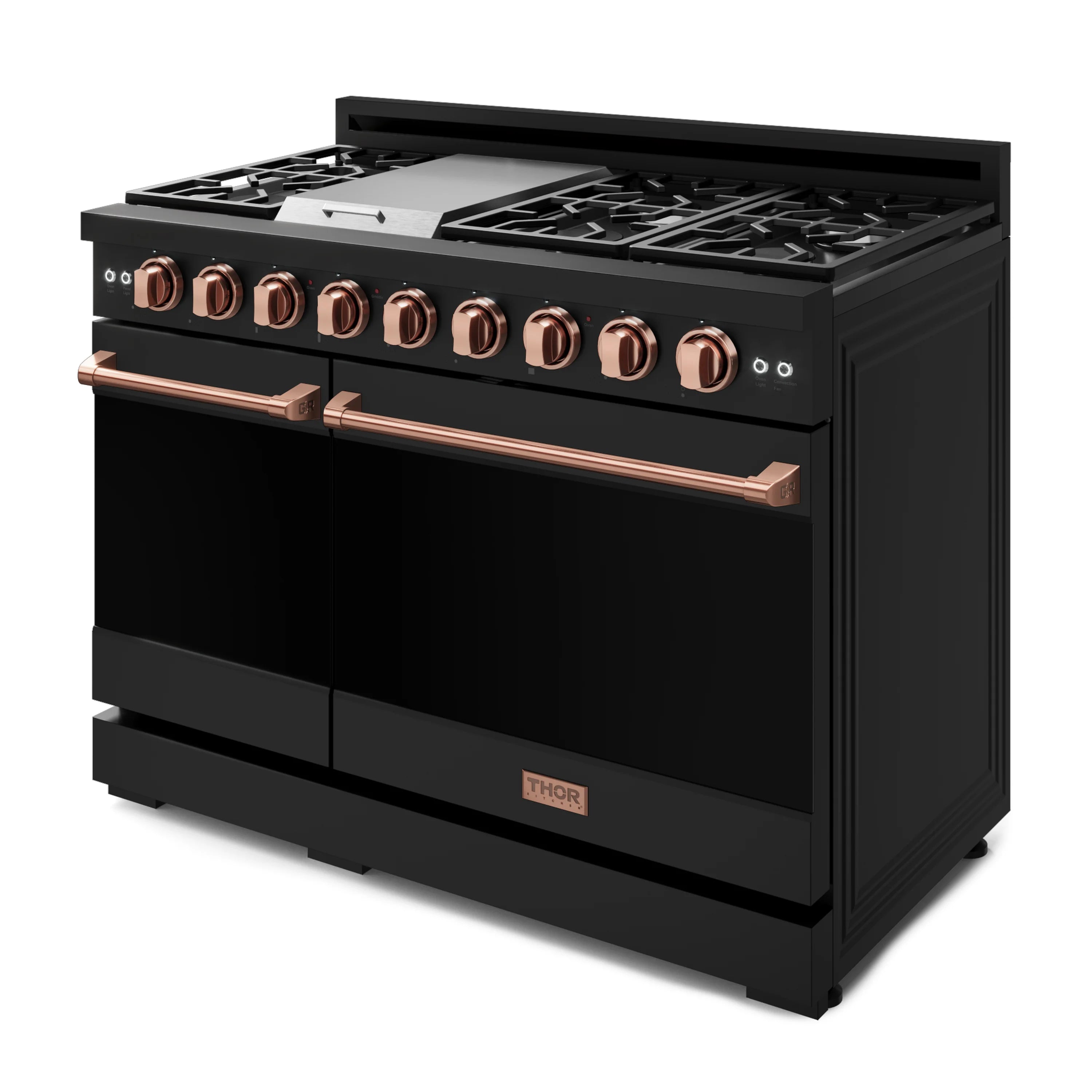 Black gas range with rose-gold knobs, long cooktop bar, and double oven doors