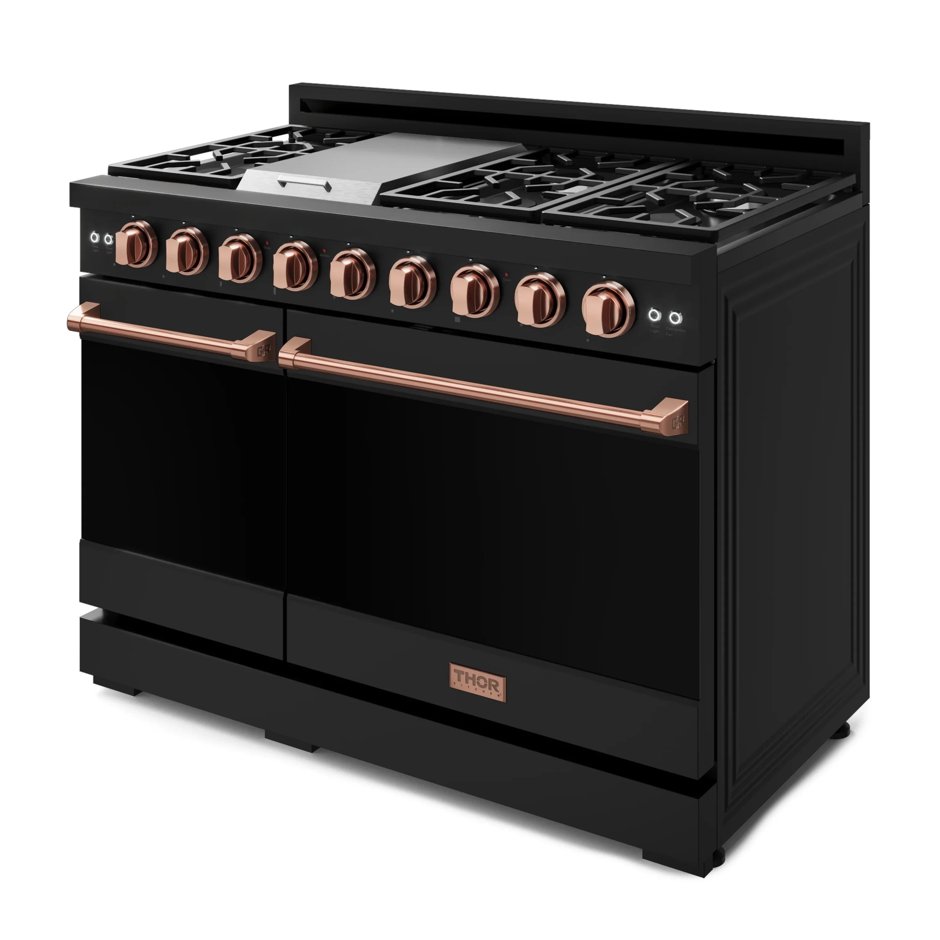 Black gas range with rose-gold knobs and copper-toned front handle bars, 3/4 view