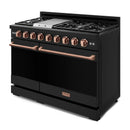 Gordon Ramsay by Thor Kitchen 4-Piece Appliance Package -  48-Inch Propane Gas Range, Wall Mount Range Hood, 36-Inch French Door Refrigerator, and Dishwasher in Black with Rose Gold Trim